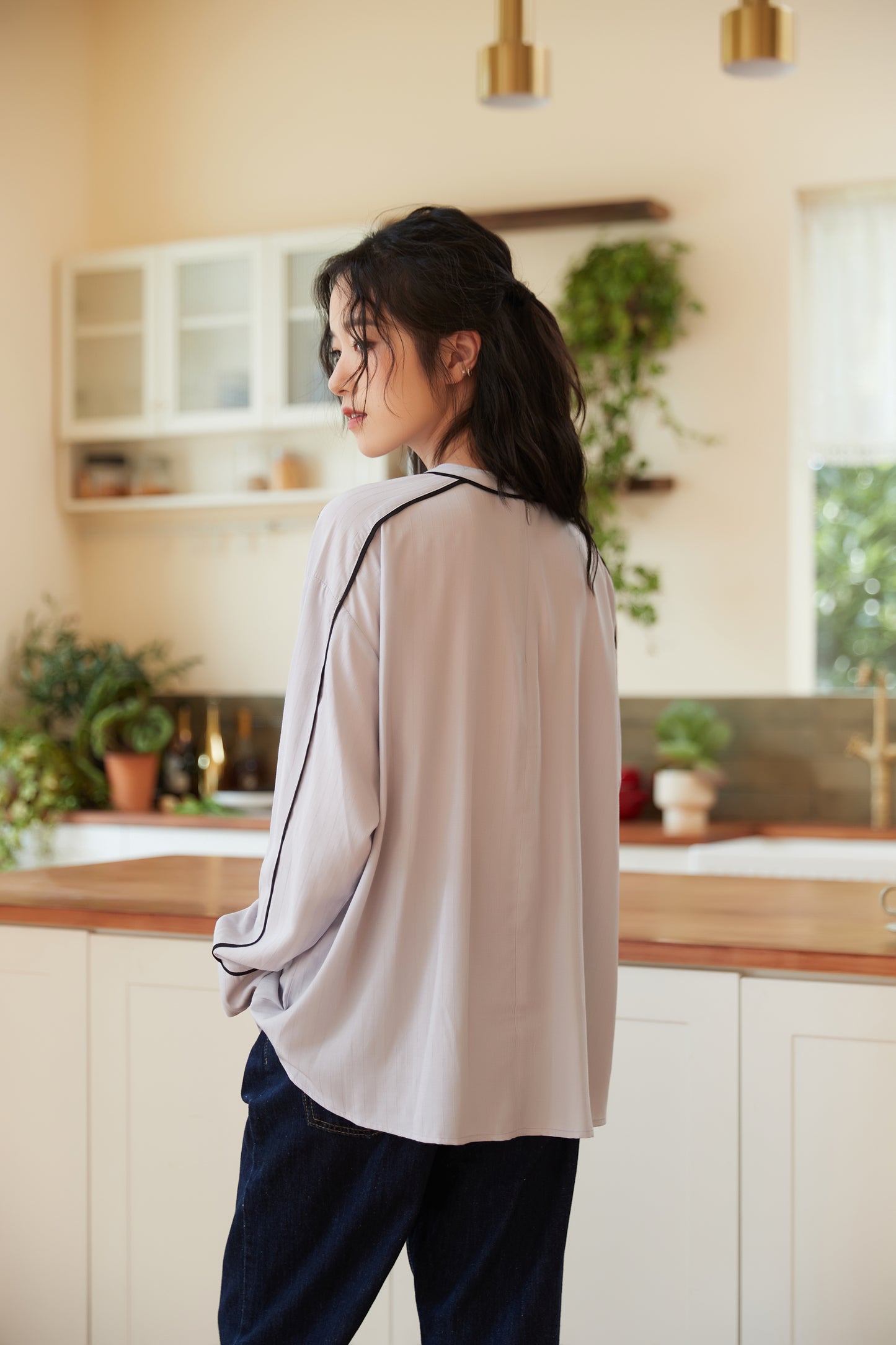 KNST340-PURPLE パイピングシャドーストライプ長袖ブラウス