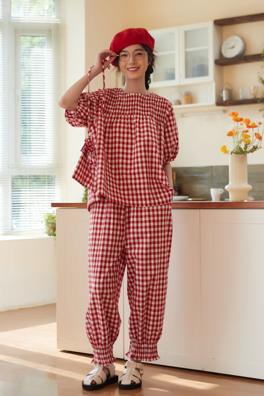 KNSP337-RED Gingham Check Smocking Embroidered Pumpkin Pants