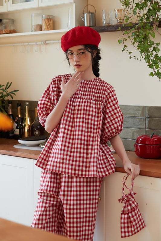 KNST336-RED Red gingham check smocked embroidered short sleeve top