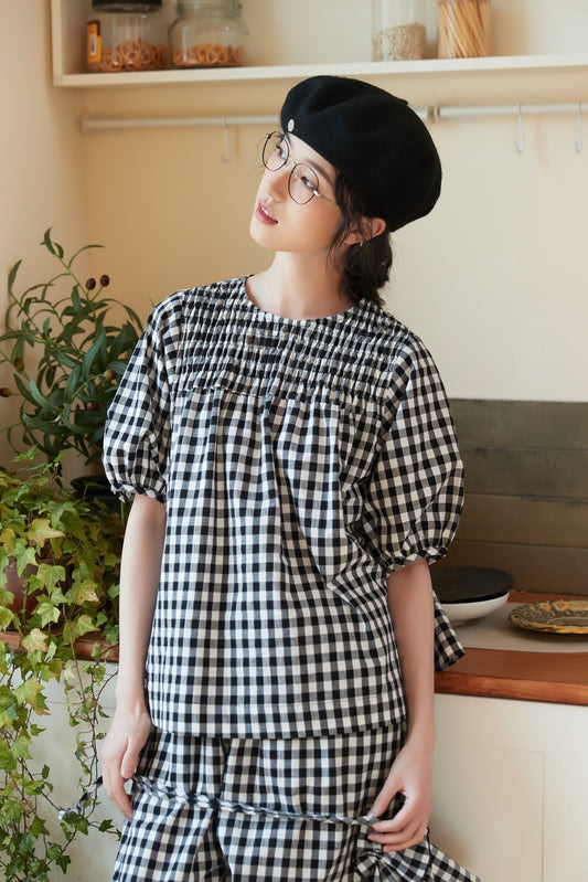 KNST336-BLACK Black and white gingham check smocked embroidered short sleeve top