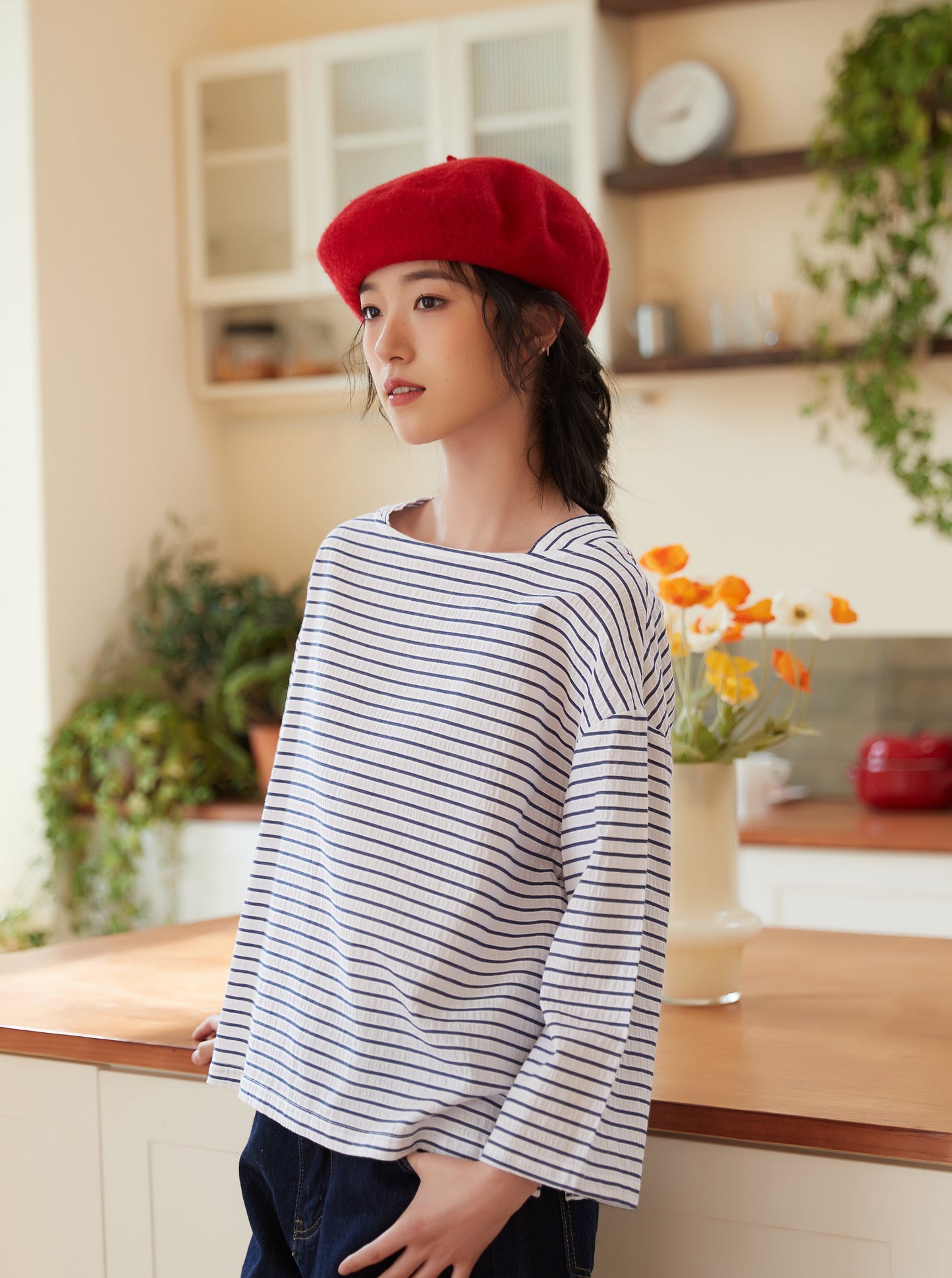 KNST338-BLUE 100% cotton boat neck long sleeve striped top