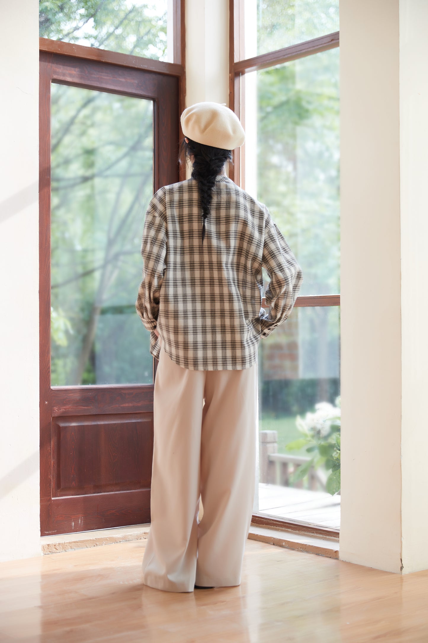 KNST344-WHITE チョーカーネックセンタースリットチェック長袖ブラウス