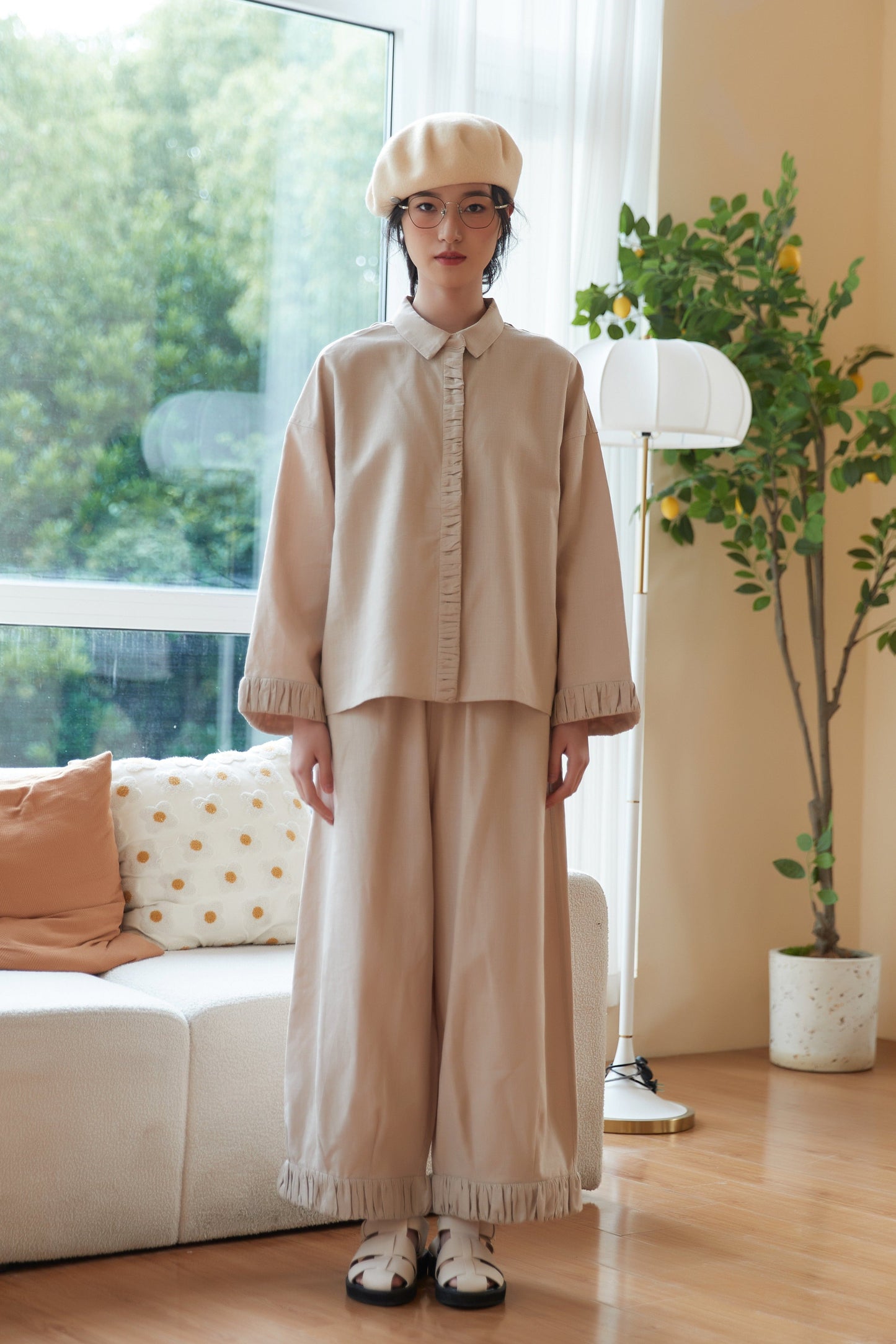 KNSP347-BEIGE 裾ギャザーリネン綿ワイドパンツセットアップ商品