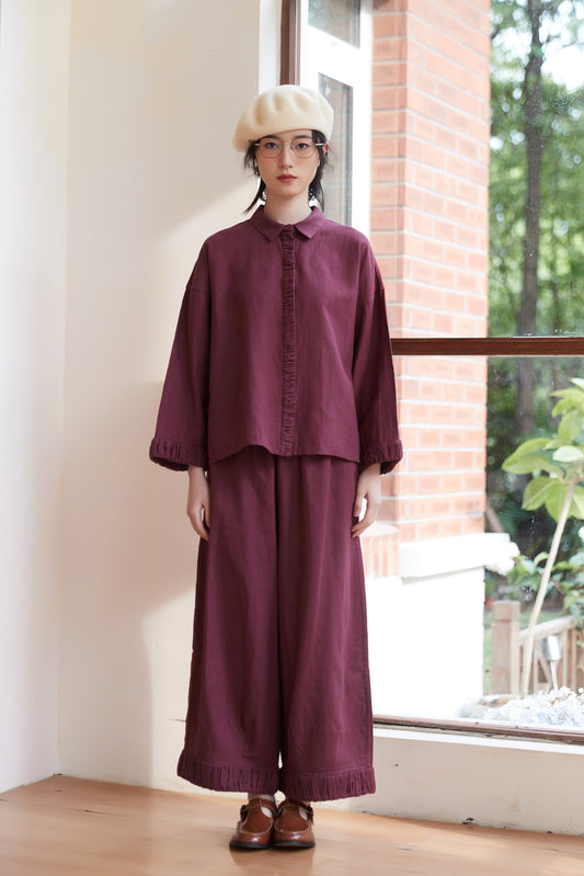 KNSP347-RASPBERRY Gathered hem linen cotton wide pants set