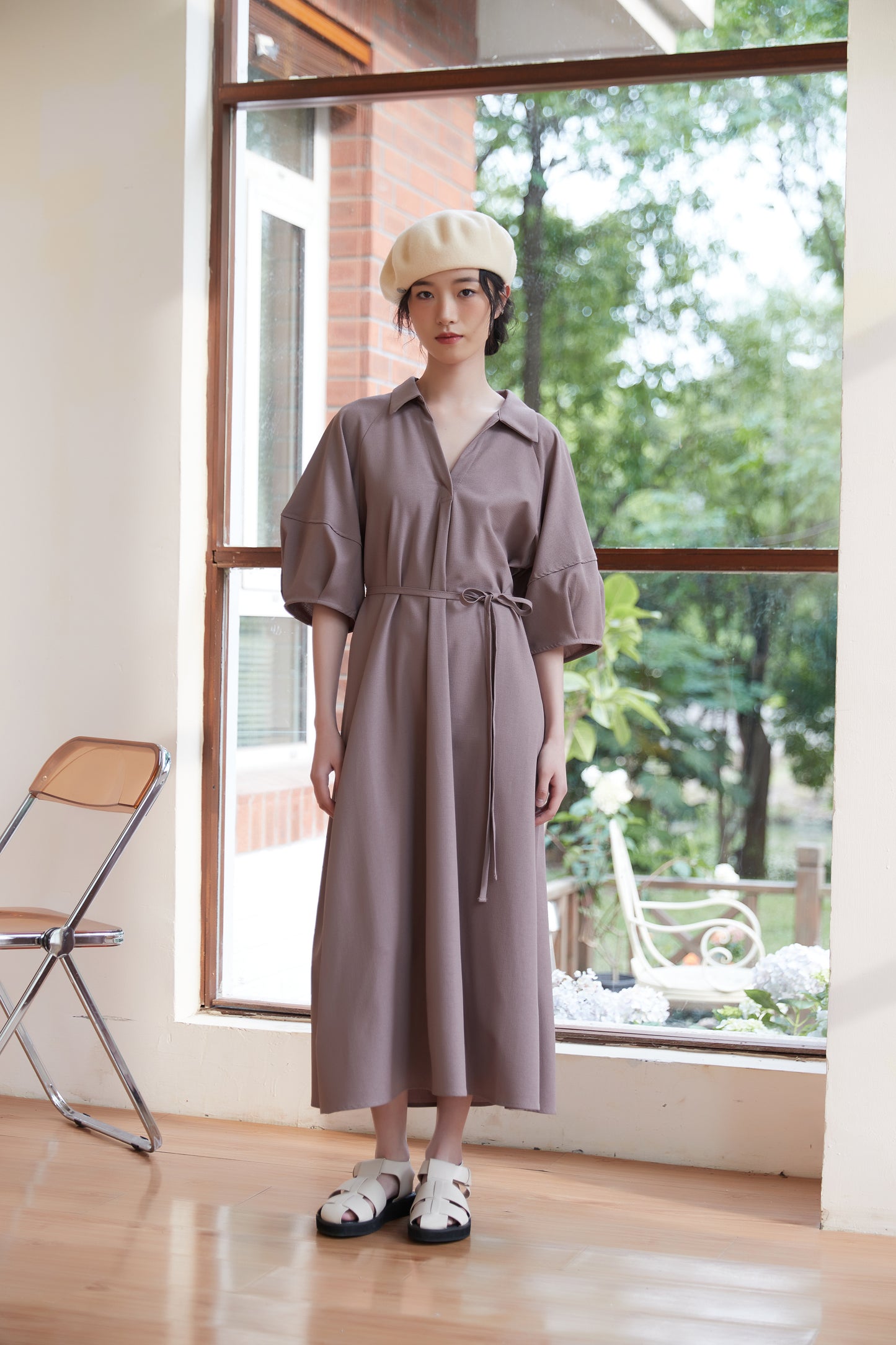 KNSO350フォルムボリュームスリーブワンピースリボンベルト付き