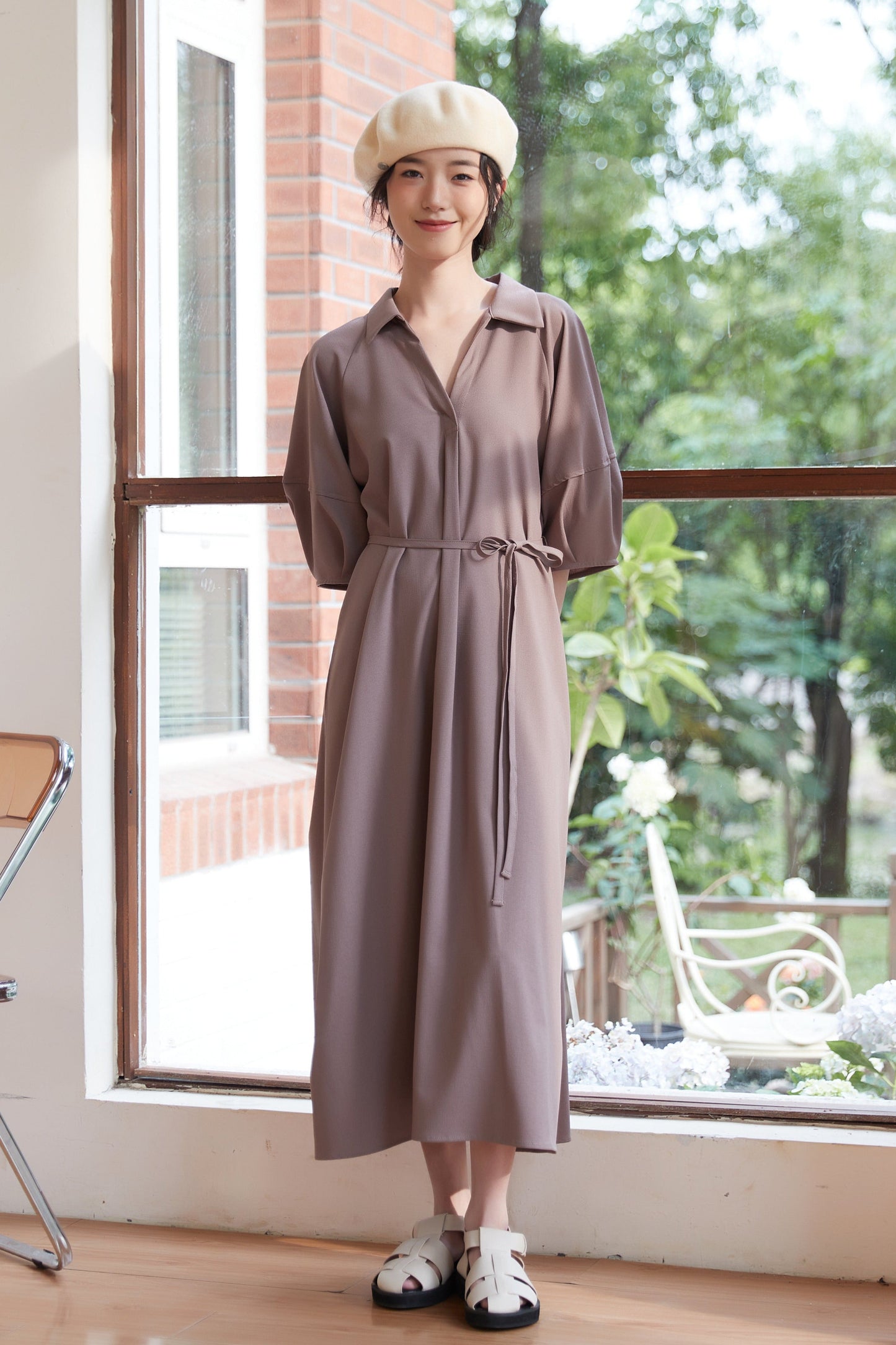 KNSO350フォルムボリュームスリーブワンピースリボンベルト付き