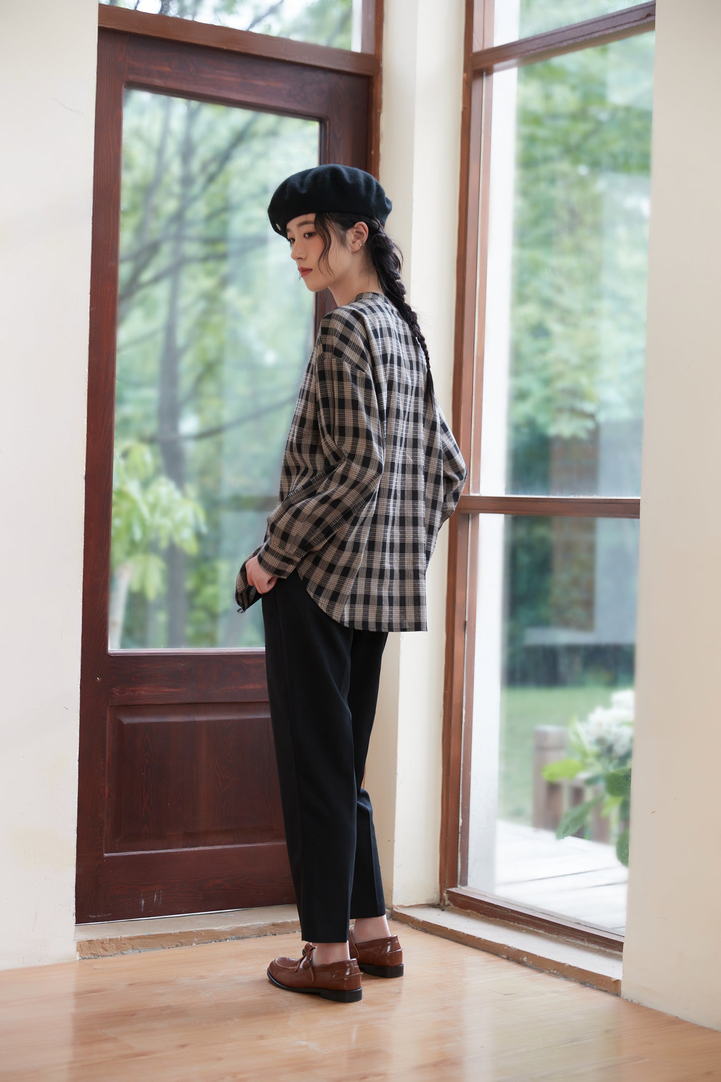 KNST344-BLACK チョーカーネックセンタースリットチェック長袖ブラウス