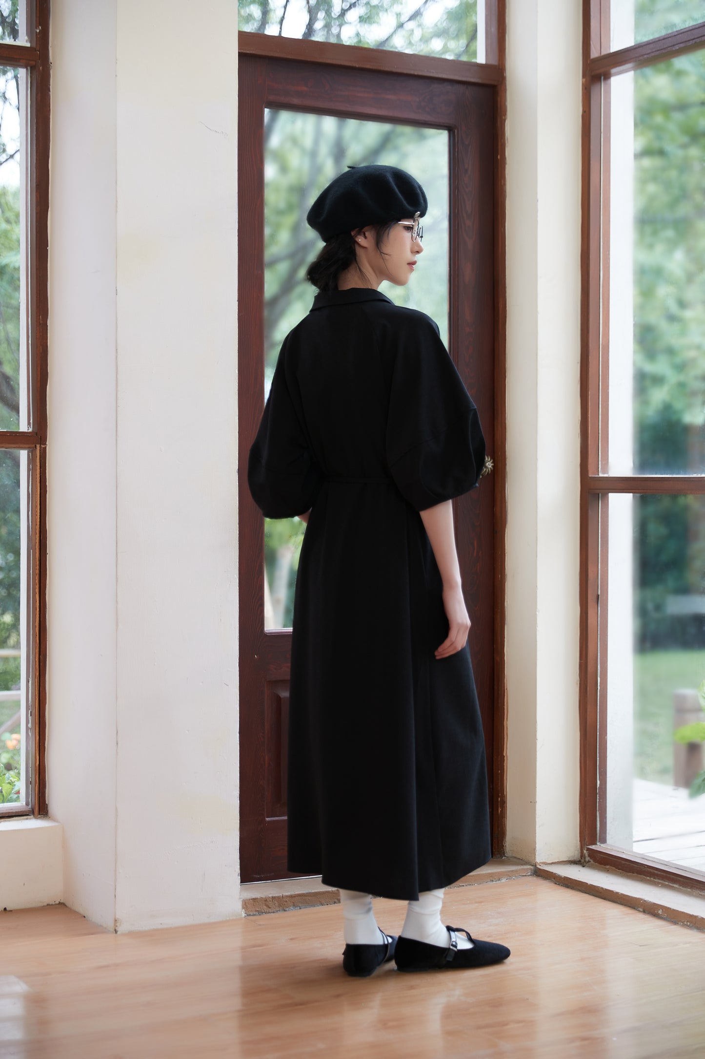 KNSO350フォルムボリュームスリーブワンピースリボンベルト付き