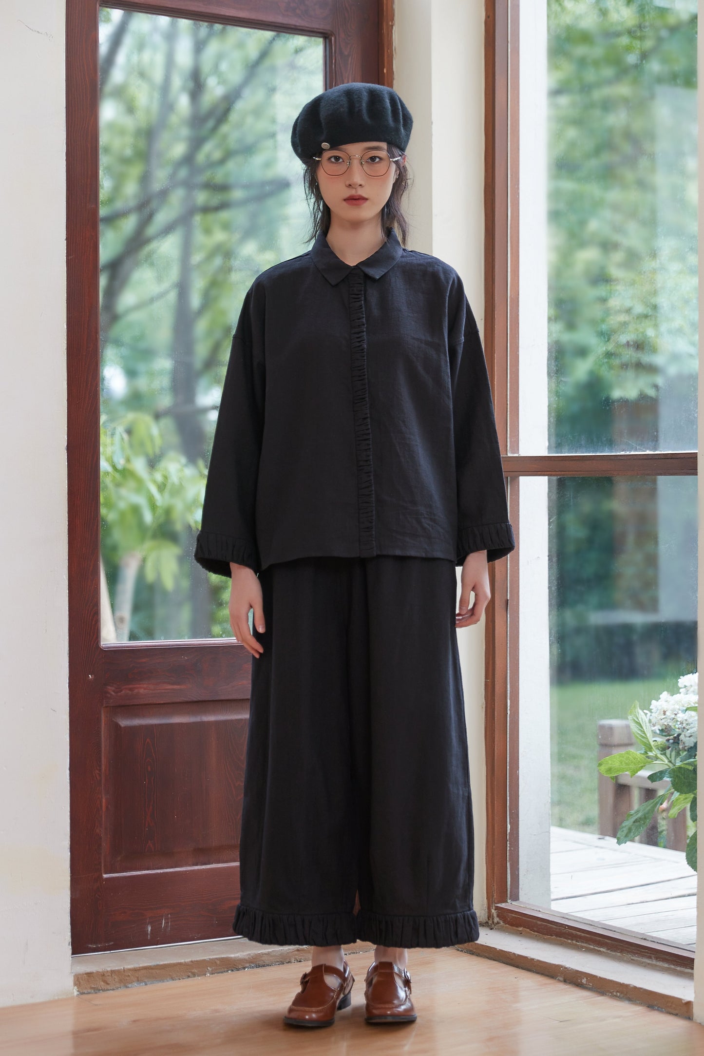 KNSP347-BLACK 裾ギャザーリネン綿ワイドパンツセットアップ商品