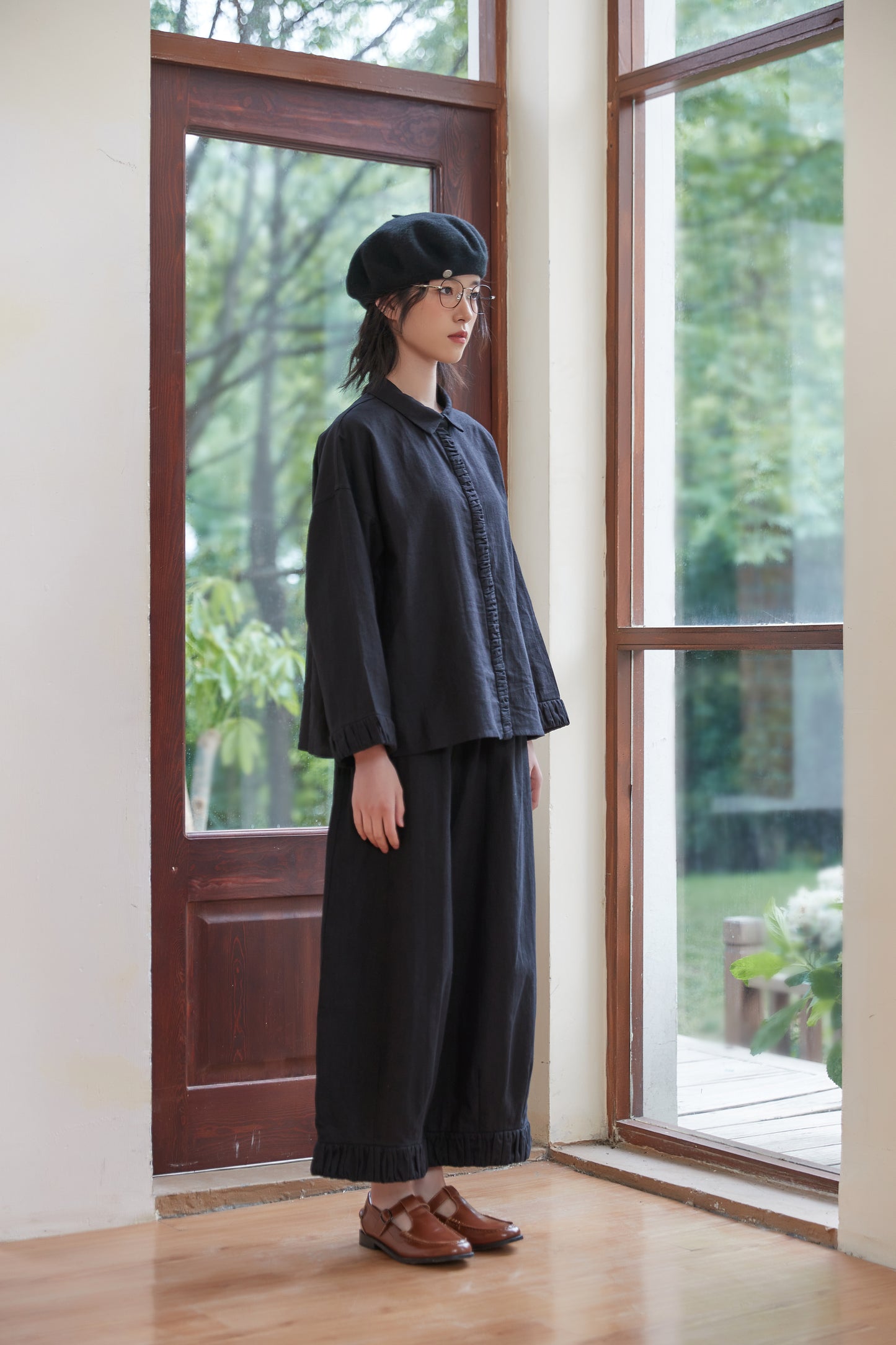 KNSP347-BLACK 裾ギャザーリネン綿ワイドパンツセットアップ商品