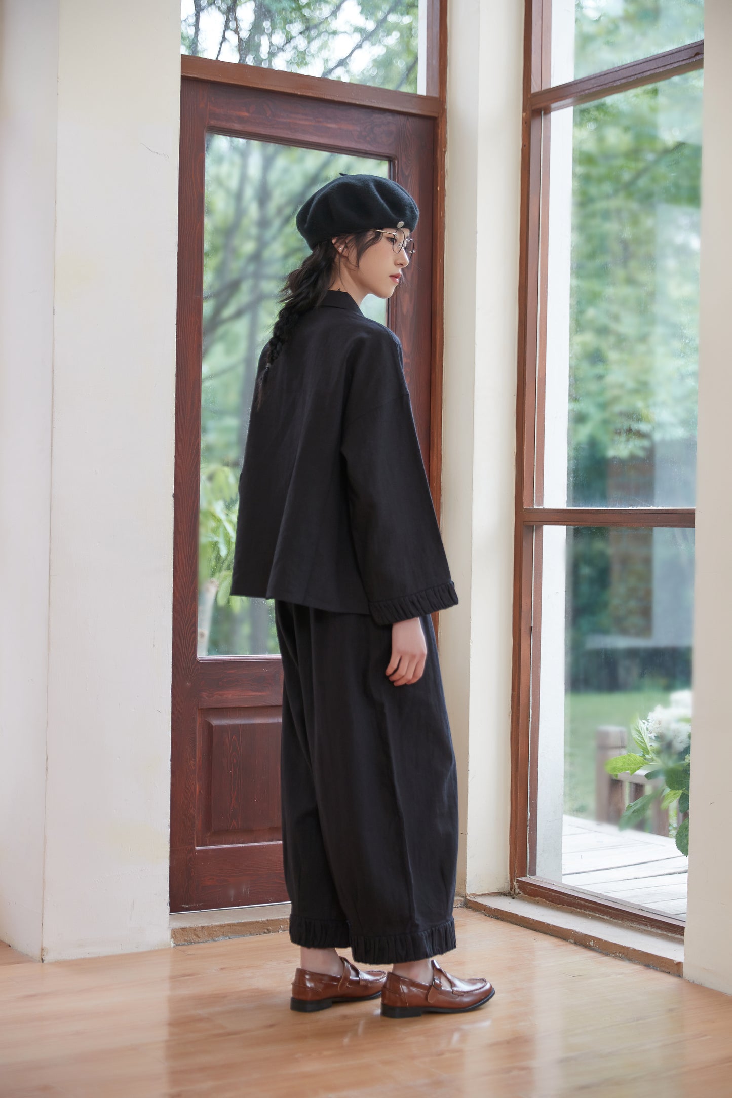 KNSP347-BLACK 裾ギャザーリネン綿ワイドパンツセットアップ商品