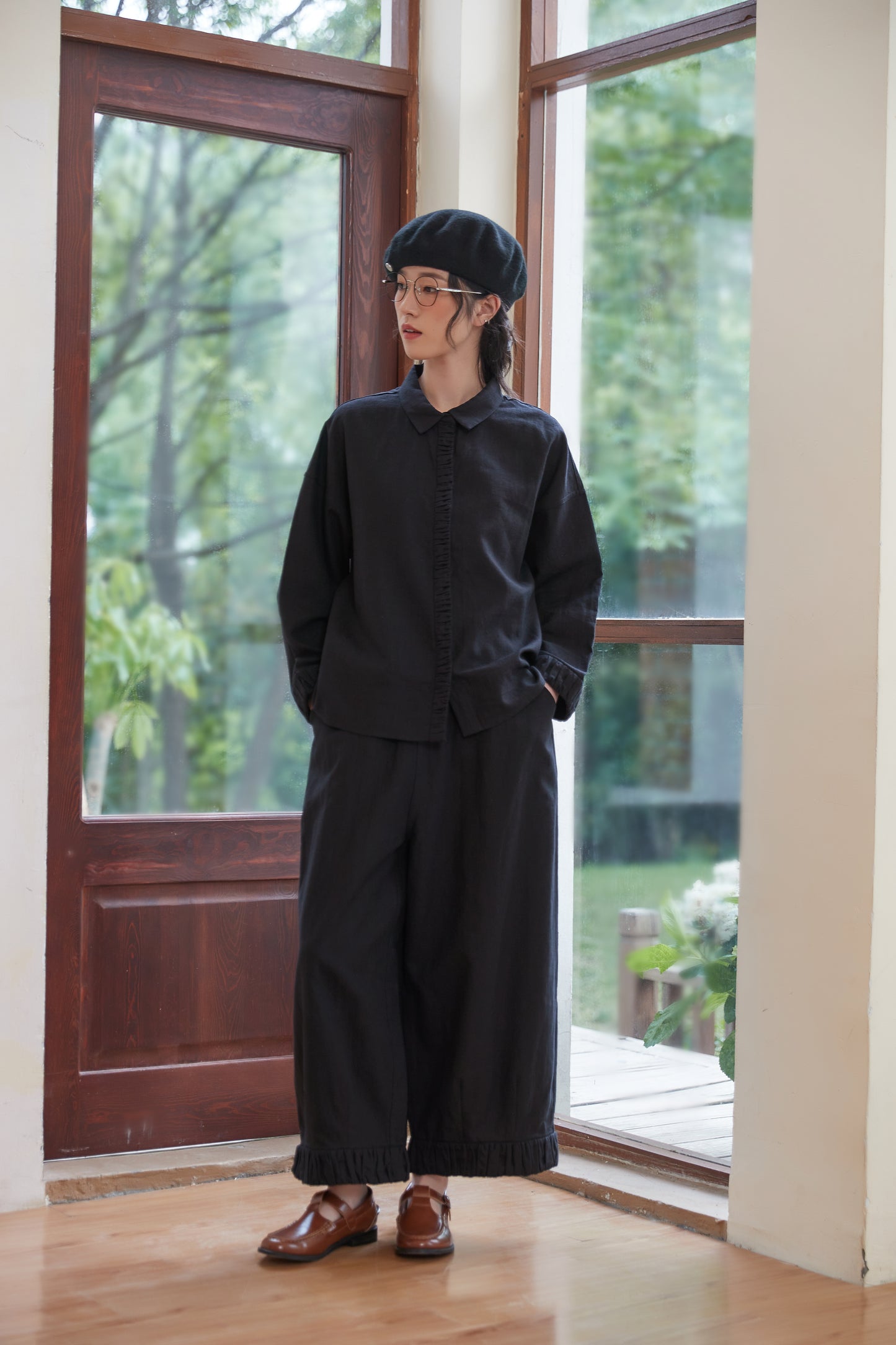 KNSP347-BLACK 裾ギャザーリネン綿ワイドパンツセットアップ商品