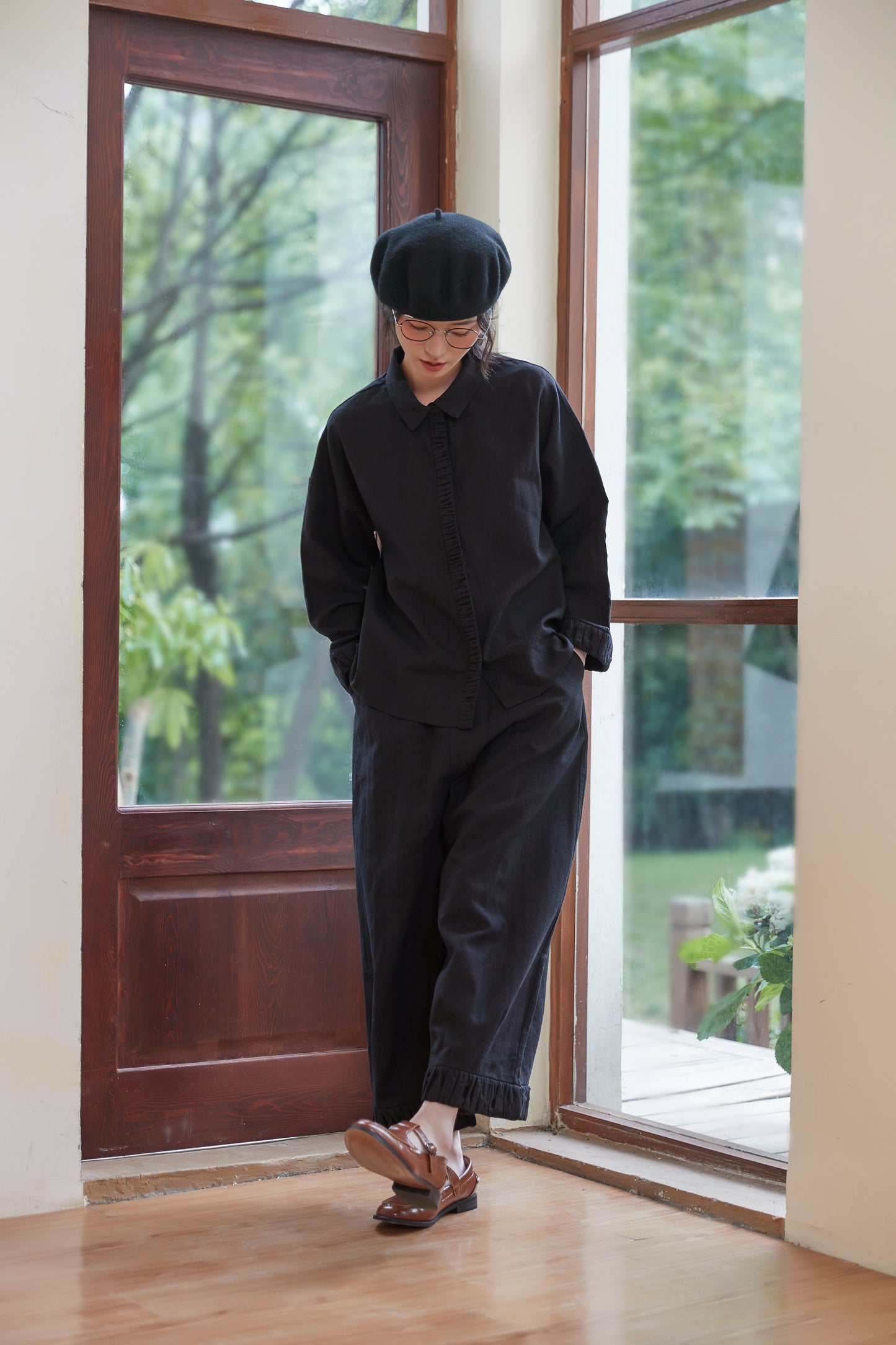 KNSP347-BLACK 裾ギャザーリネン綿ワイドパンツセットアップ商品