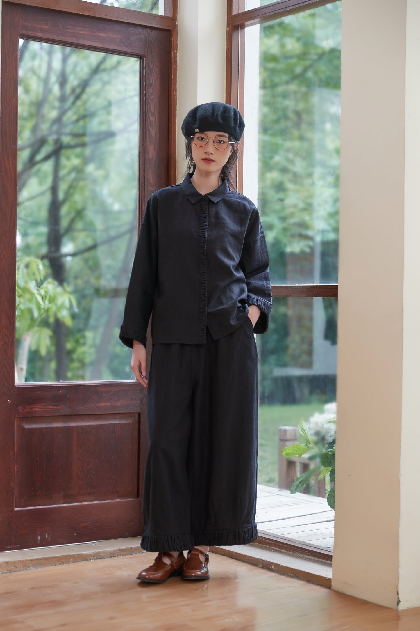 KNSP347-BLACK 裾ギャザーリネン綿ワイドパンツセットアップ商品