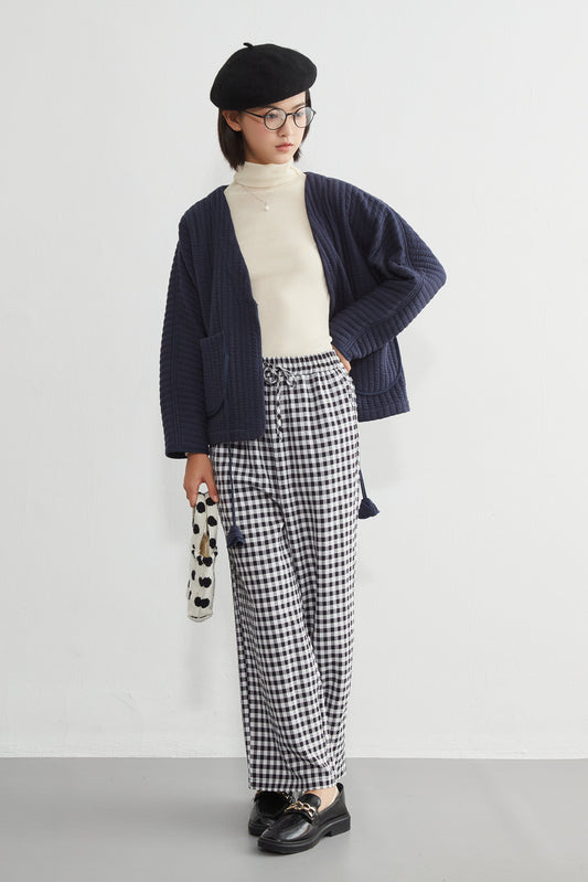 KNGP632・ギンガムチェックリラックスストレートパンツウエストゴム仕様