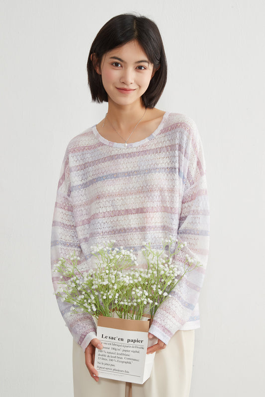 KNR645・ラッセル編みむら染め風小花プリント長袖ボーダープルオーバー