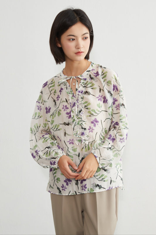 KNGC631・麻混アートな花柄プリントリボンフリルVネック長袖ブラウス