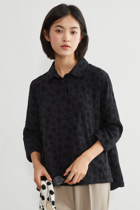 KNXC409 - Polka dot jacquard, 3/4 sleeve cotton shirt, loose fit blouse