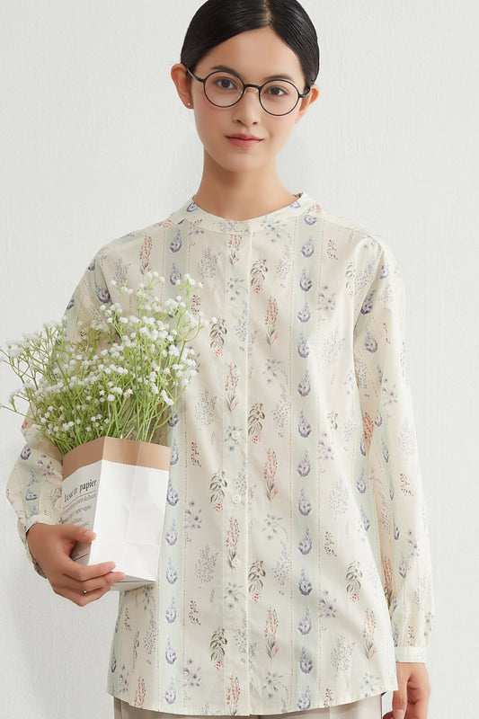 KNGC625・綿100%ストライプ風ボタニカル柄ナチュラルテイストプリント長袖ブラウスシャツ