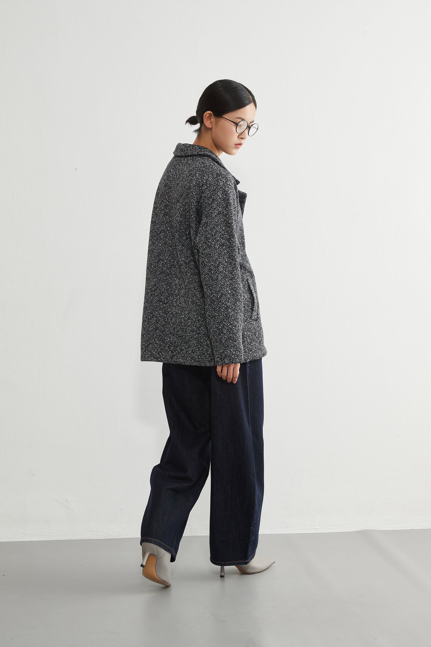 KNR643・ヘリンボーン柄裏起毛テーラードジャケット秋冬長袖暖かいアウター