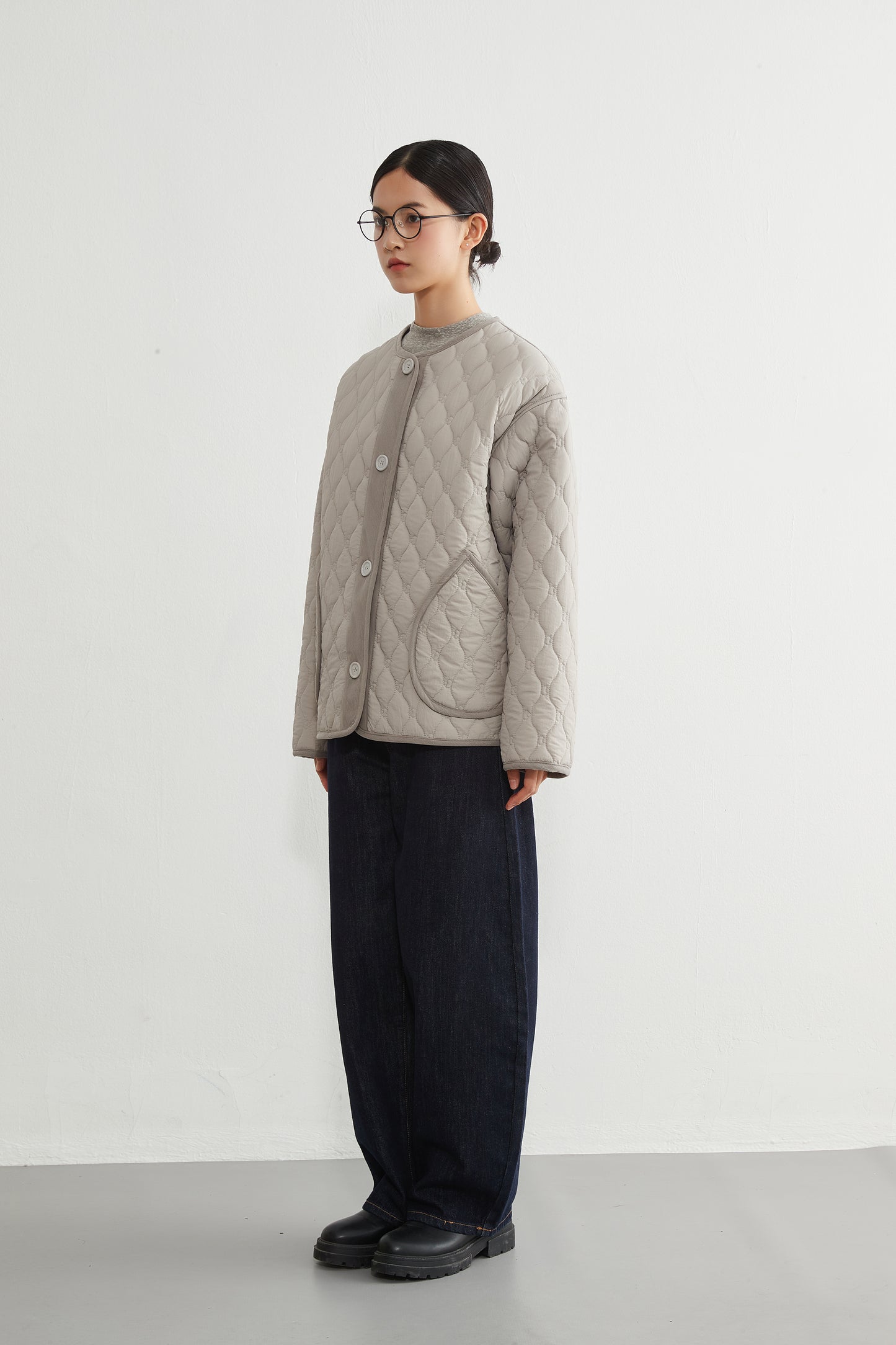 KNR649・ミニキノコ柄両面キルティング・ラウンドネック長袖中綿ジャケット