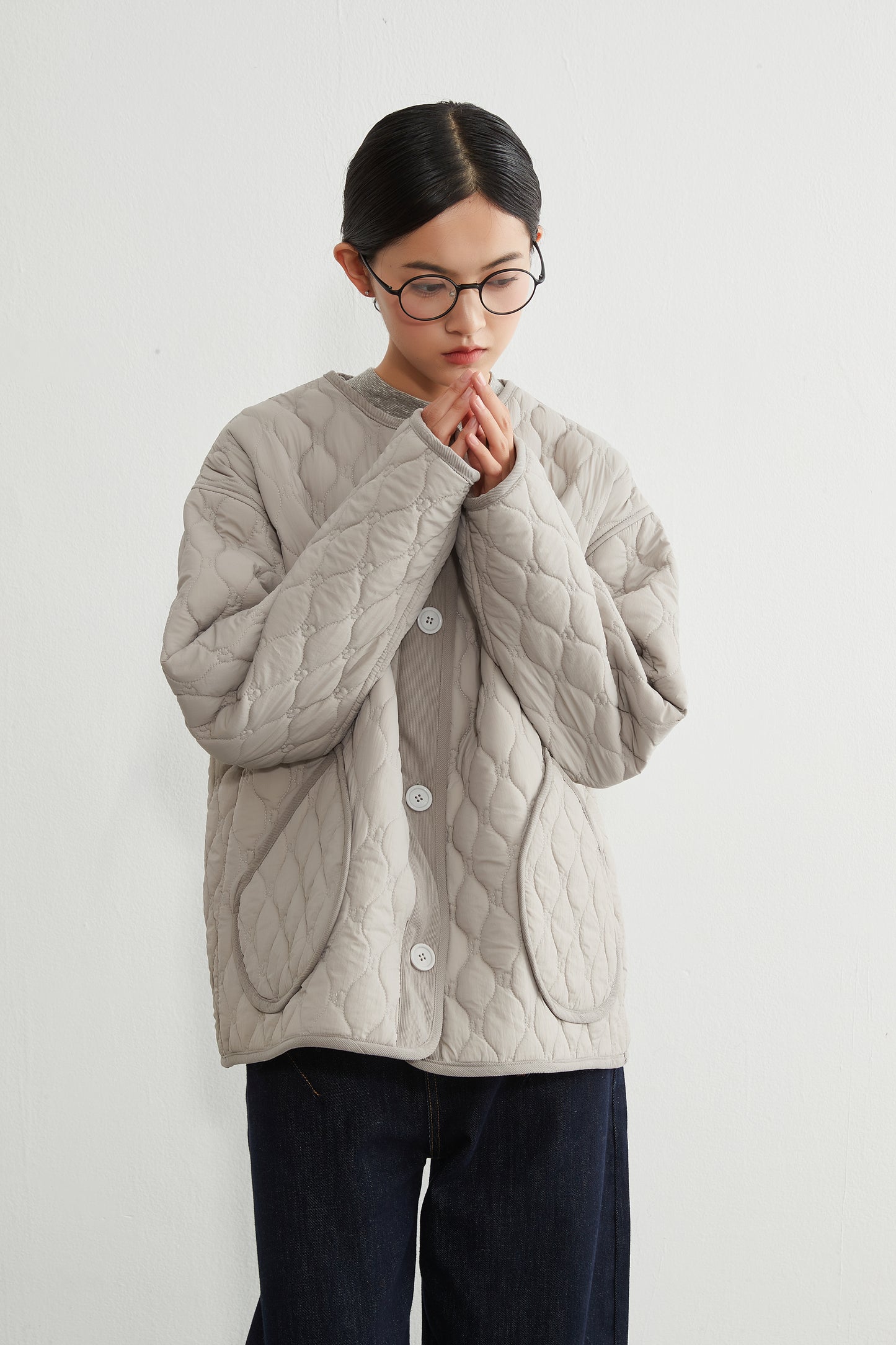 KNR649・ミニキノコ柄両面キルティング・ラウンドネック長袖中綿ジャケット