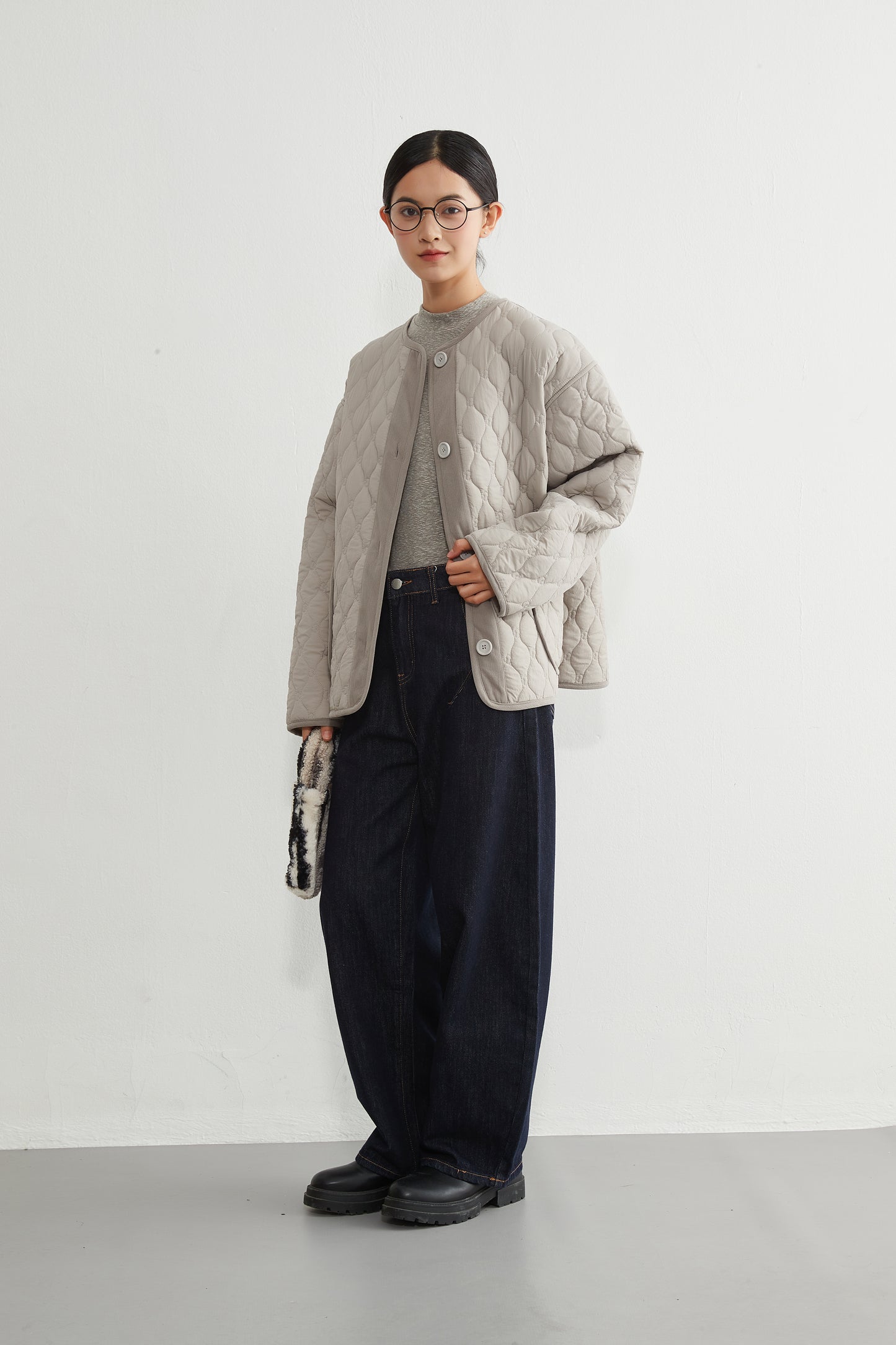 KNR649・ミニキノコ柄両面キルティング・ラウンドネック長袖中綿ジャケット