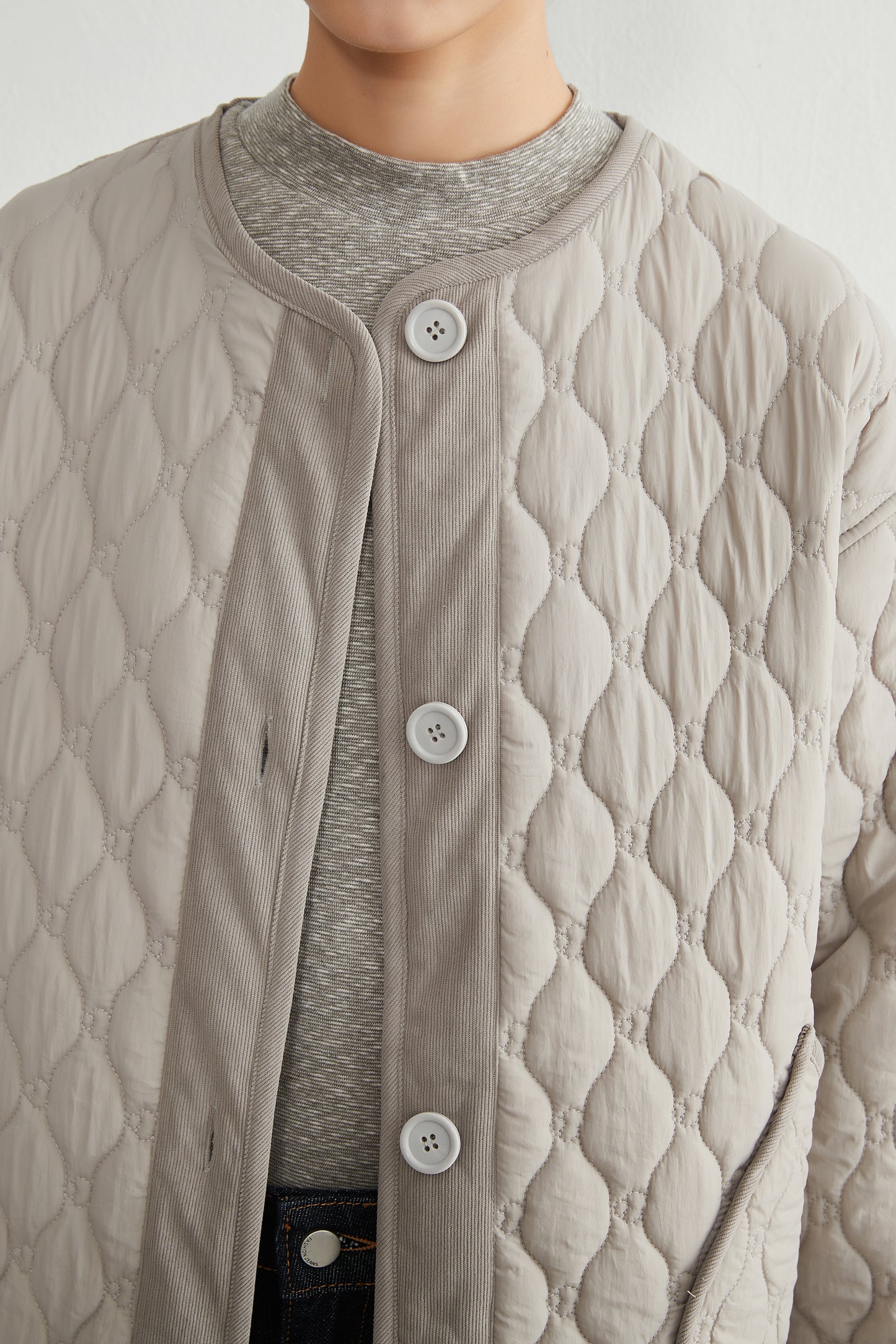 KNR649・ミニキノコ柄両面キルティング・ラウンドネック長袖中綿ジャケット