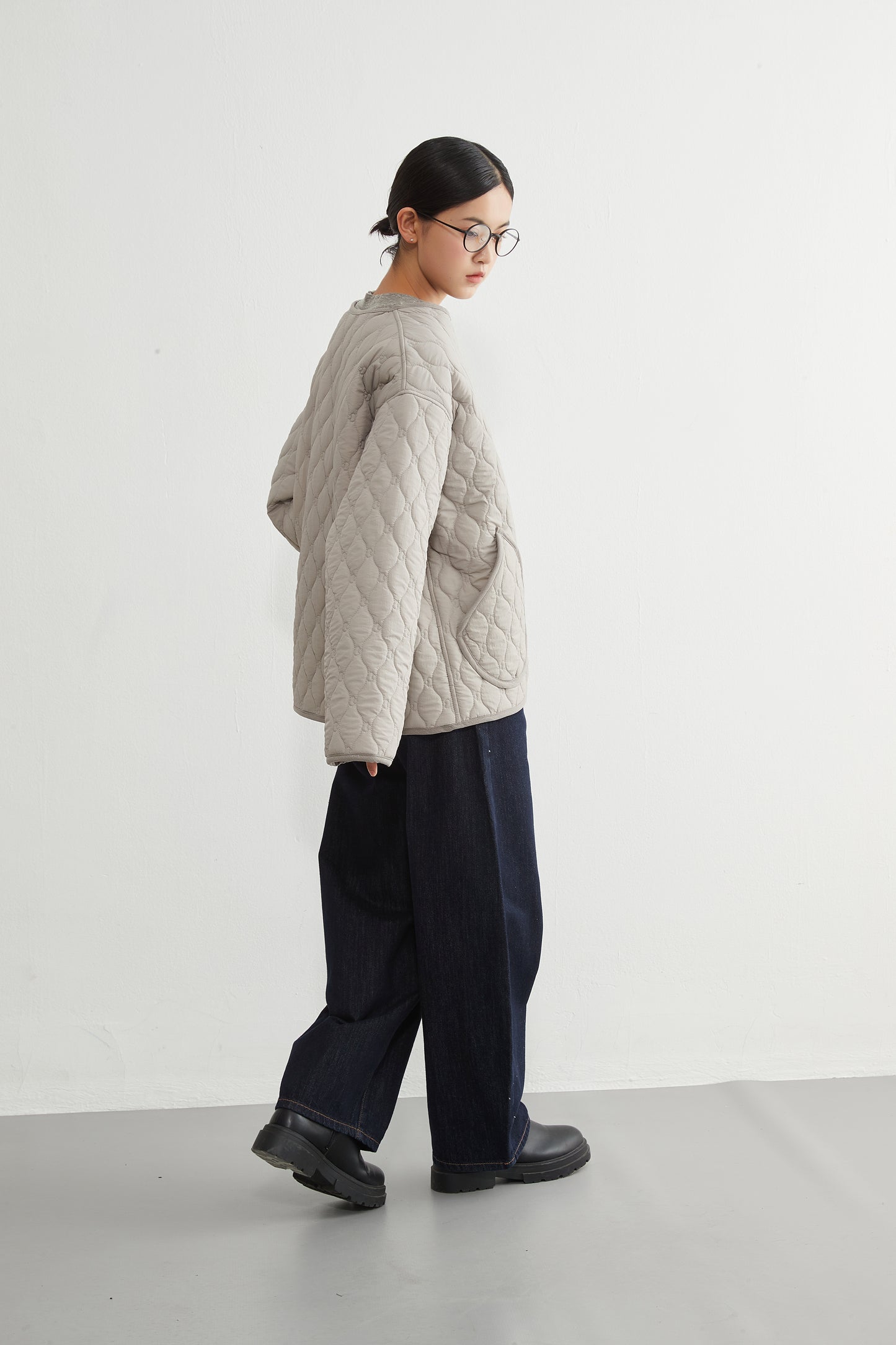 KNR649・ミニキノコ柄両面キルティング・ラウンドネック長袖中綿ジャケット