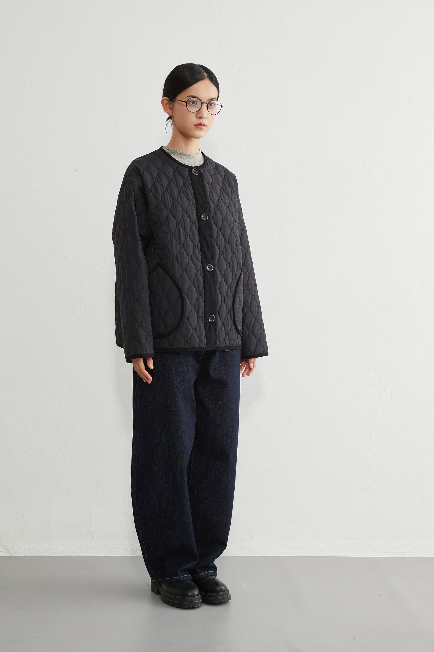 KNR649・ミニキノコ柄両面キルティング・ラウンドネック長袖中綿ジャケット