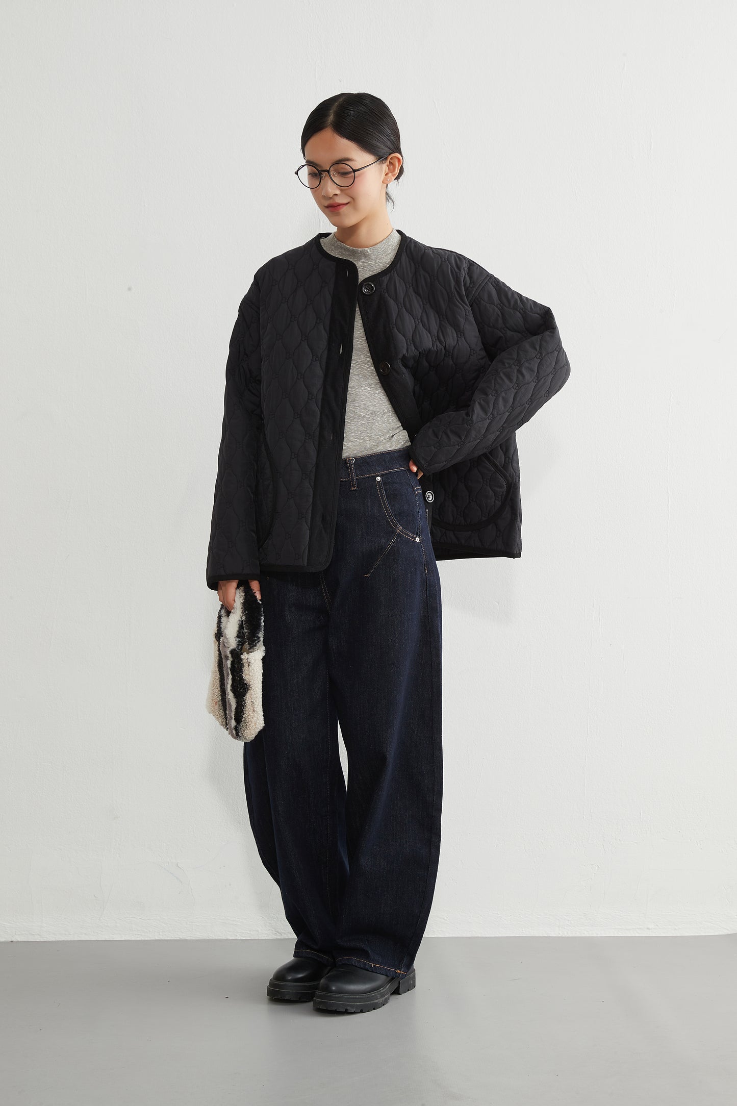 KNR649・ミニキノコ柄両面キルティング・ラウンドネック長袖中綿ジャケット