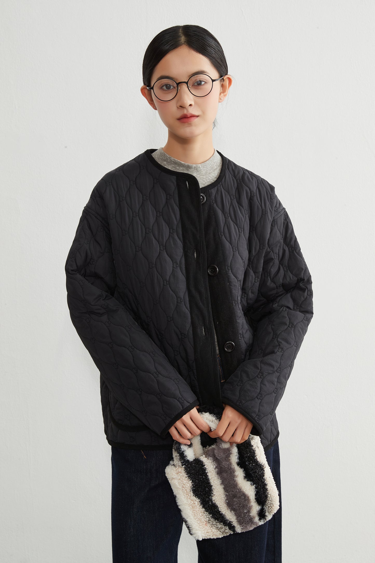 KNR649・ミニキノコ柄両面キルティング・ラウンドネック長袖中綿ジャケット