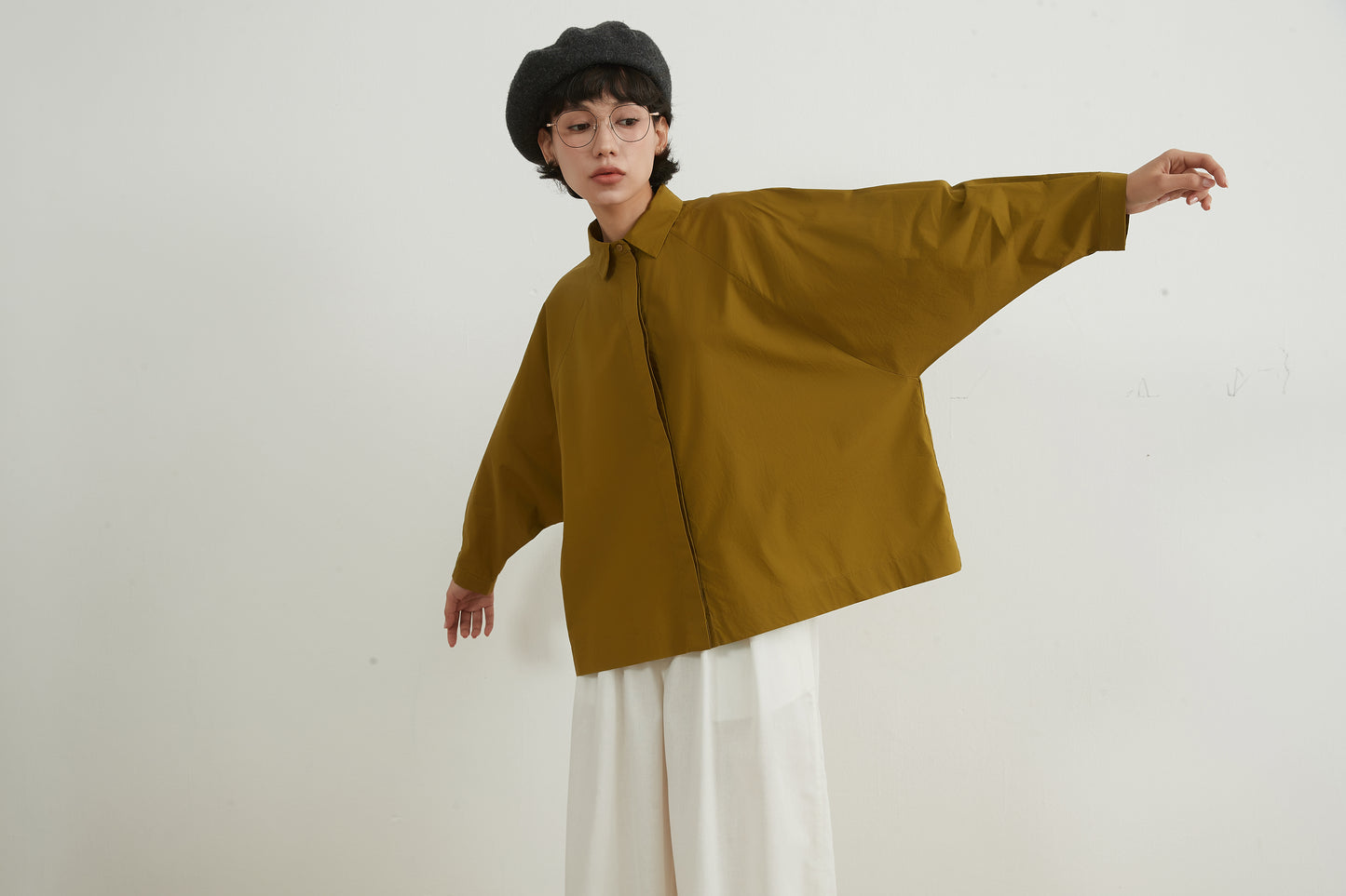 KNNC305・綿100ワイドスリーブ長袖ルーズフィットBOXYシャツ