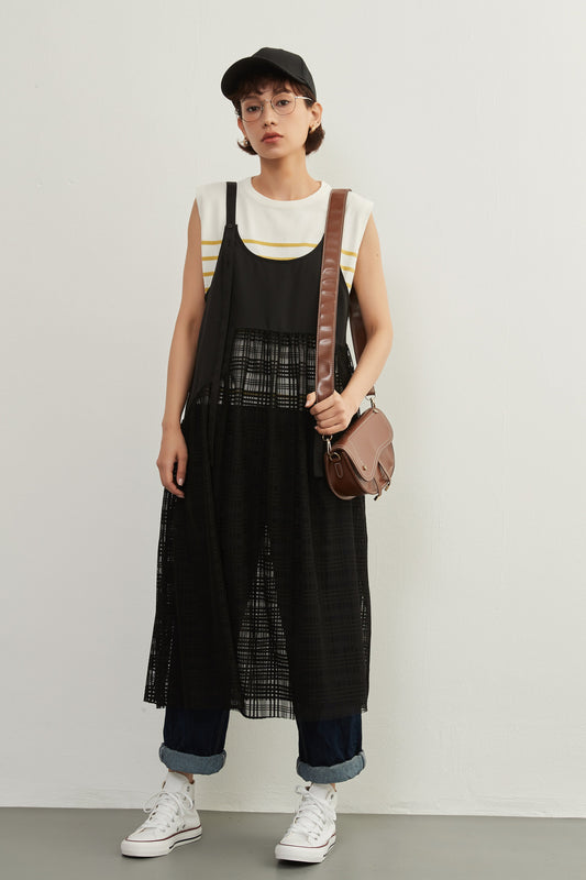 KNXO411 - Check lace, mixed material docking, layered, sheer cami dress