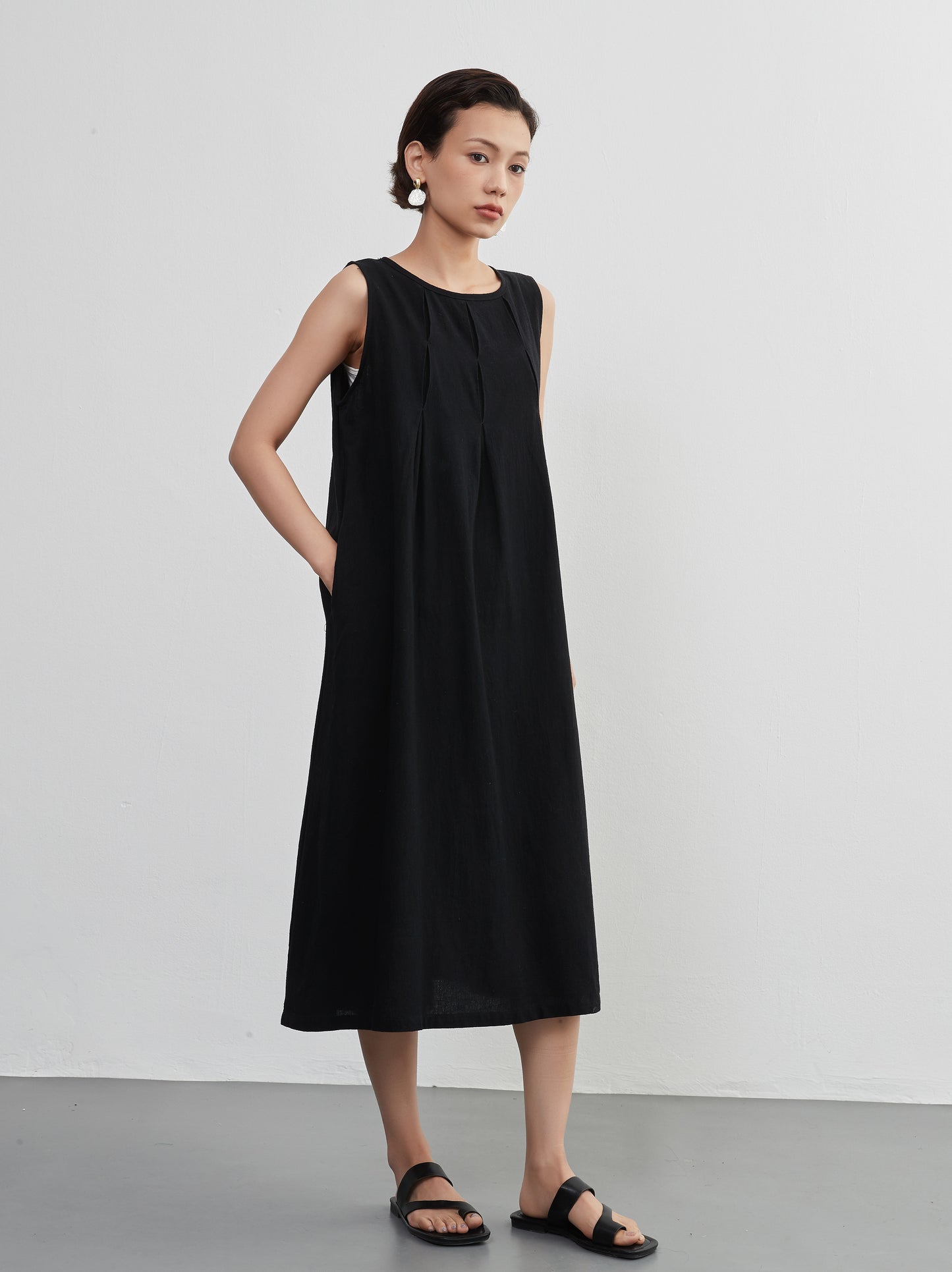 KNNO366・タックノースリーブワンピース・綿100・ジャンスカ・春夏ドレス