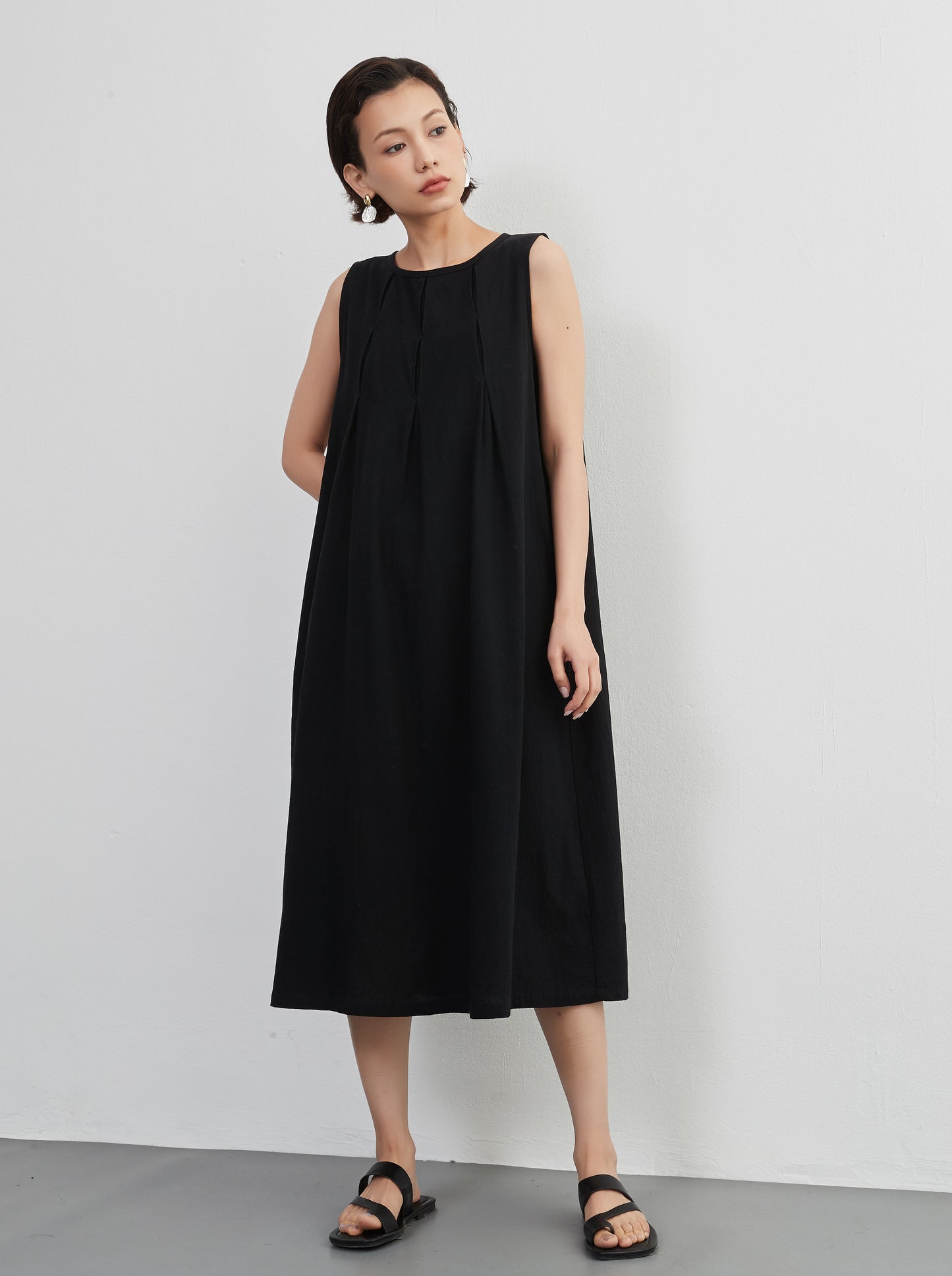 KNNO366・タックノースリーブワンピース・綿100・ジャンスカ・春夏ドレス