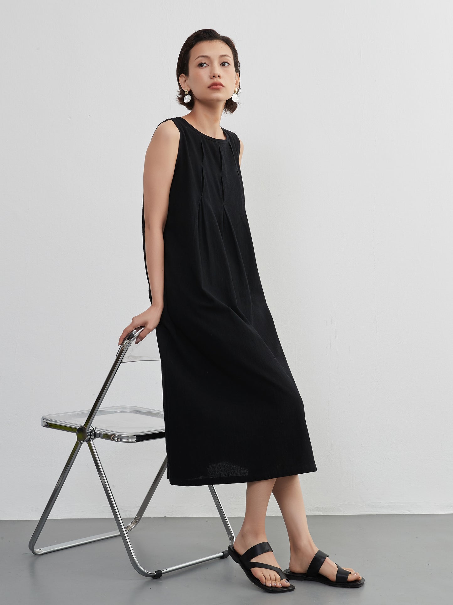 KNNO366・タックノースリーブワンピース・綿100・ジャンスカ・春夏ドレス