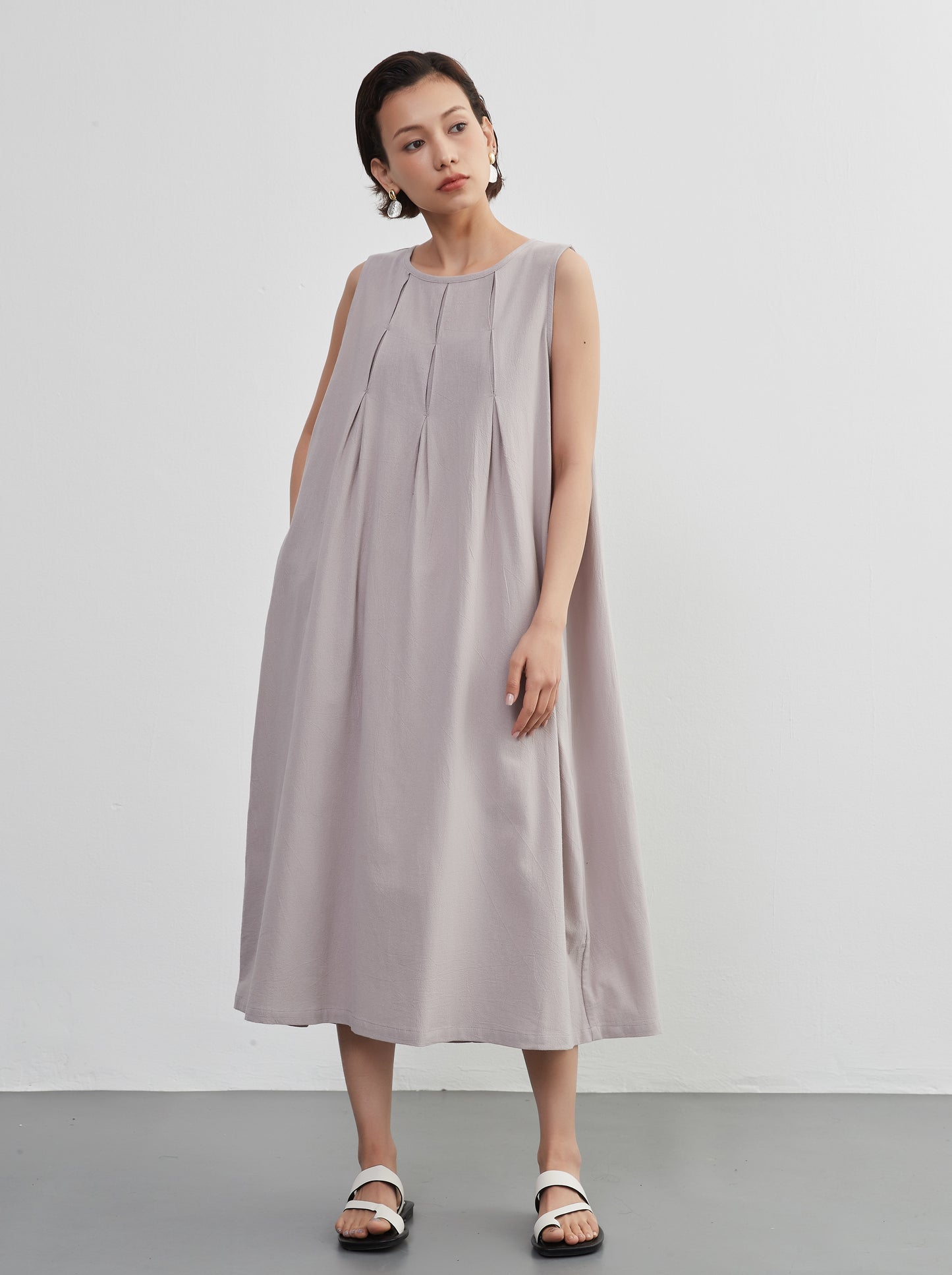 KNNO366・タックノースリーブワンピース・綿100・ジャンスカ・春夏ドレス