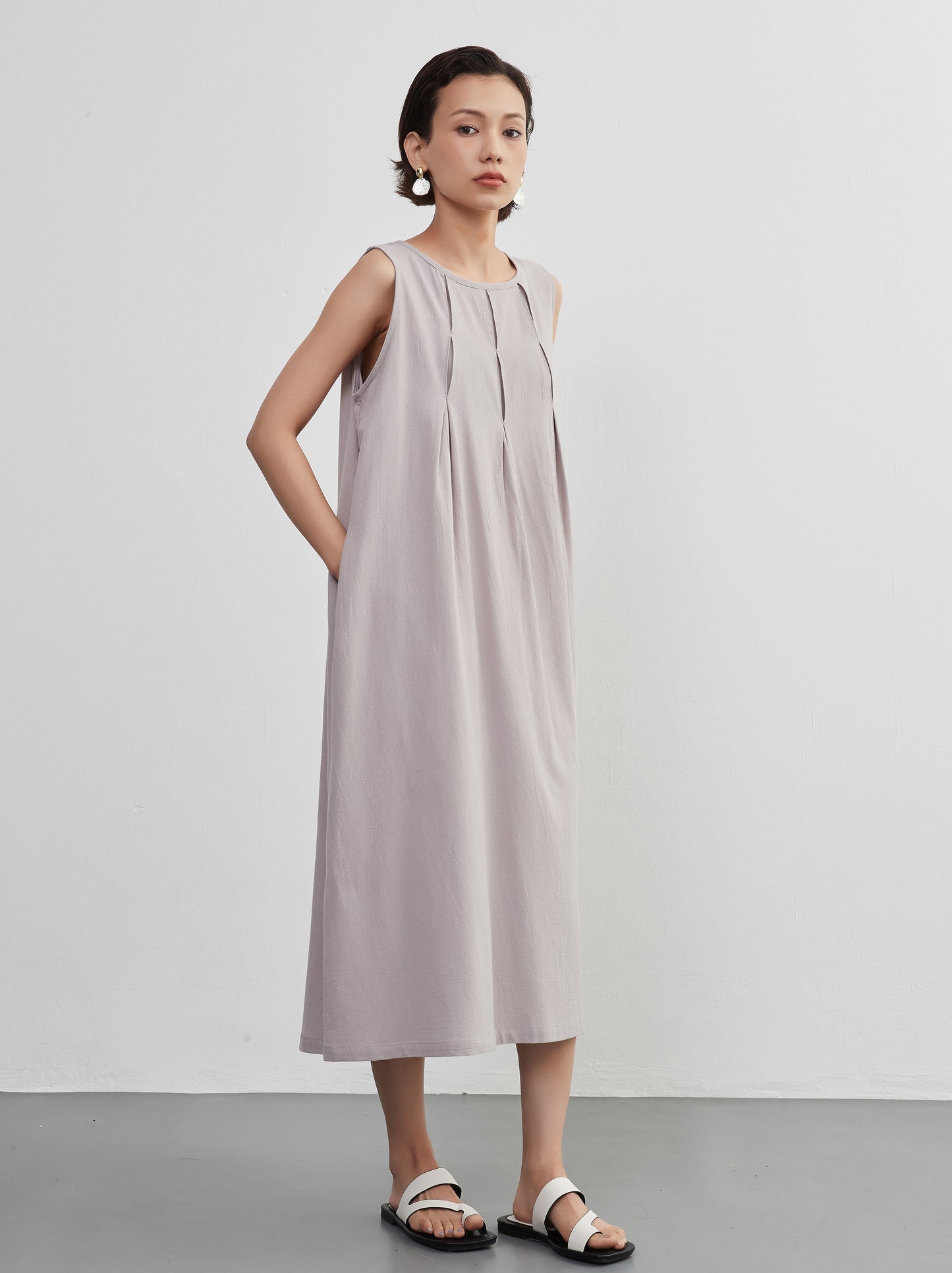 KNNO366・タックノースリーブワンピース・綿100・ジャンスカ・春夏ドレス