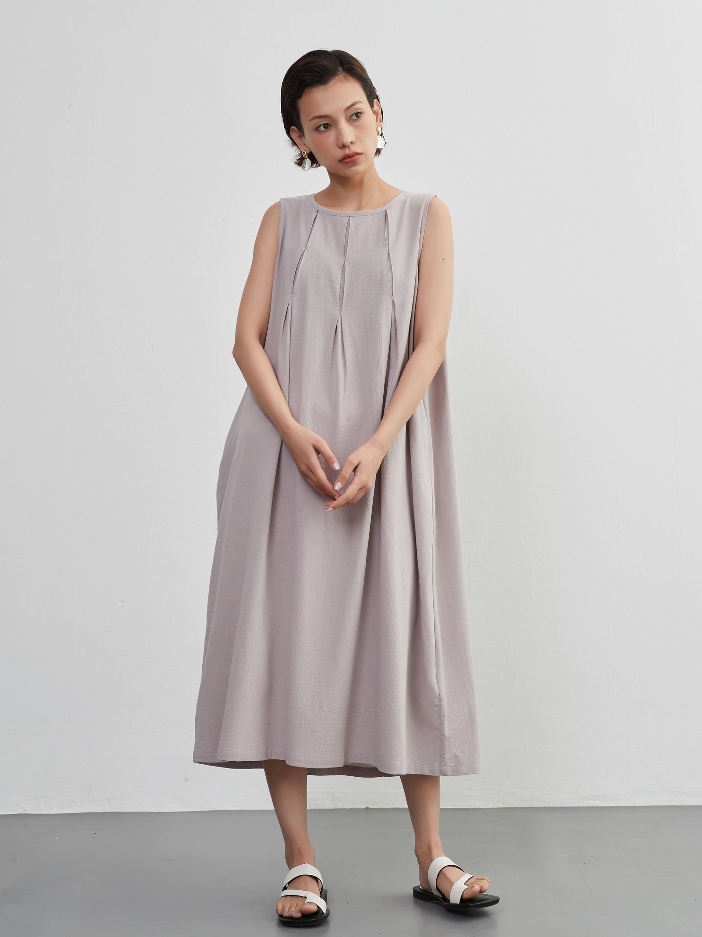 KNNO366・タックノースリーブワンピース・綿100・ジャンスカ・春夏ドレス