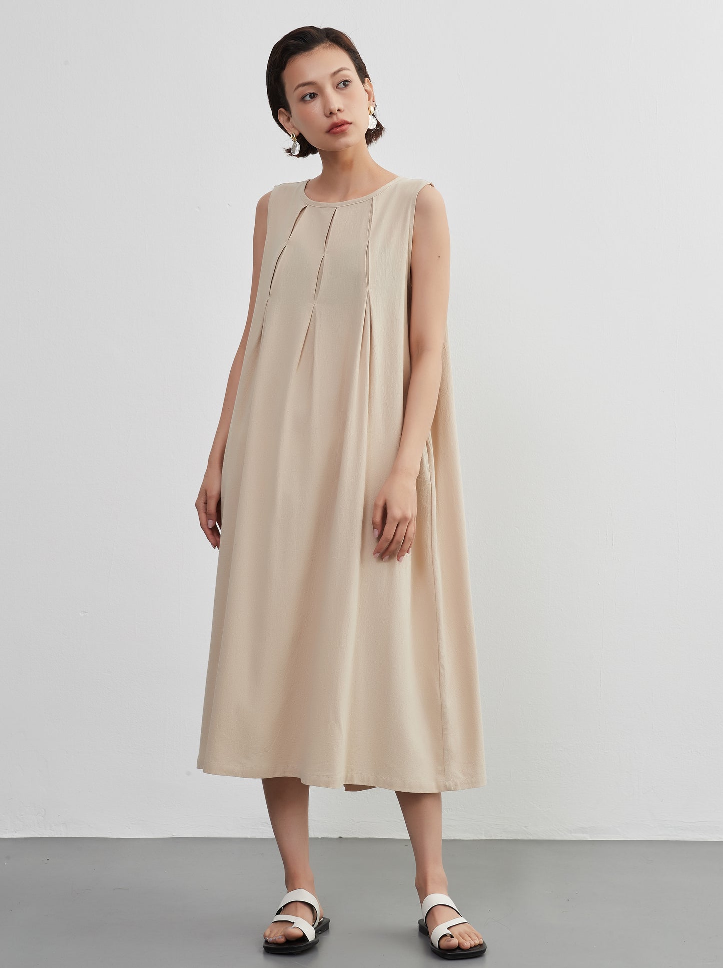 KNNO366・タックノースリーブワンピース・綿100・ジャンスカ・春夏ドレス
