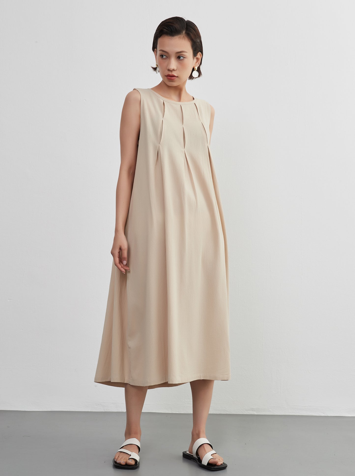 KNNO366・タックノースリーブワンピース・綿100・ジャンスカ・春夏ドレス