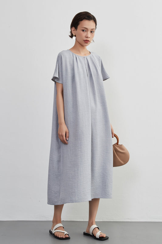 KNXO404 - Short sleeve tucked dress, loose silhouette, front opening, lined material dress