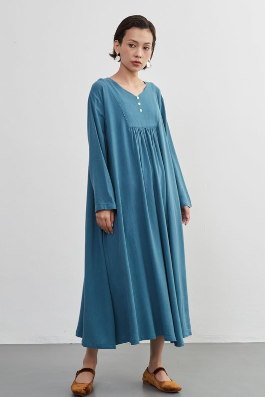 KNXO405 - Easy to move your legs in, linen mix long sleeve dress, decorative button gathered long length