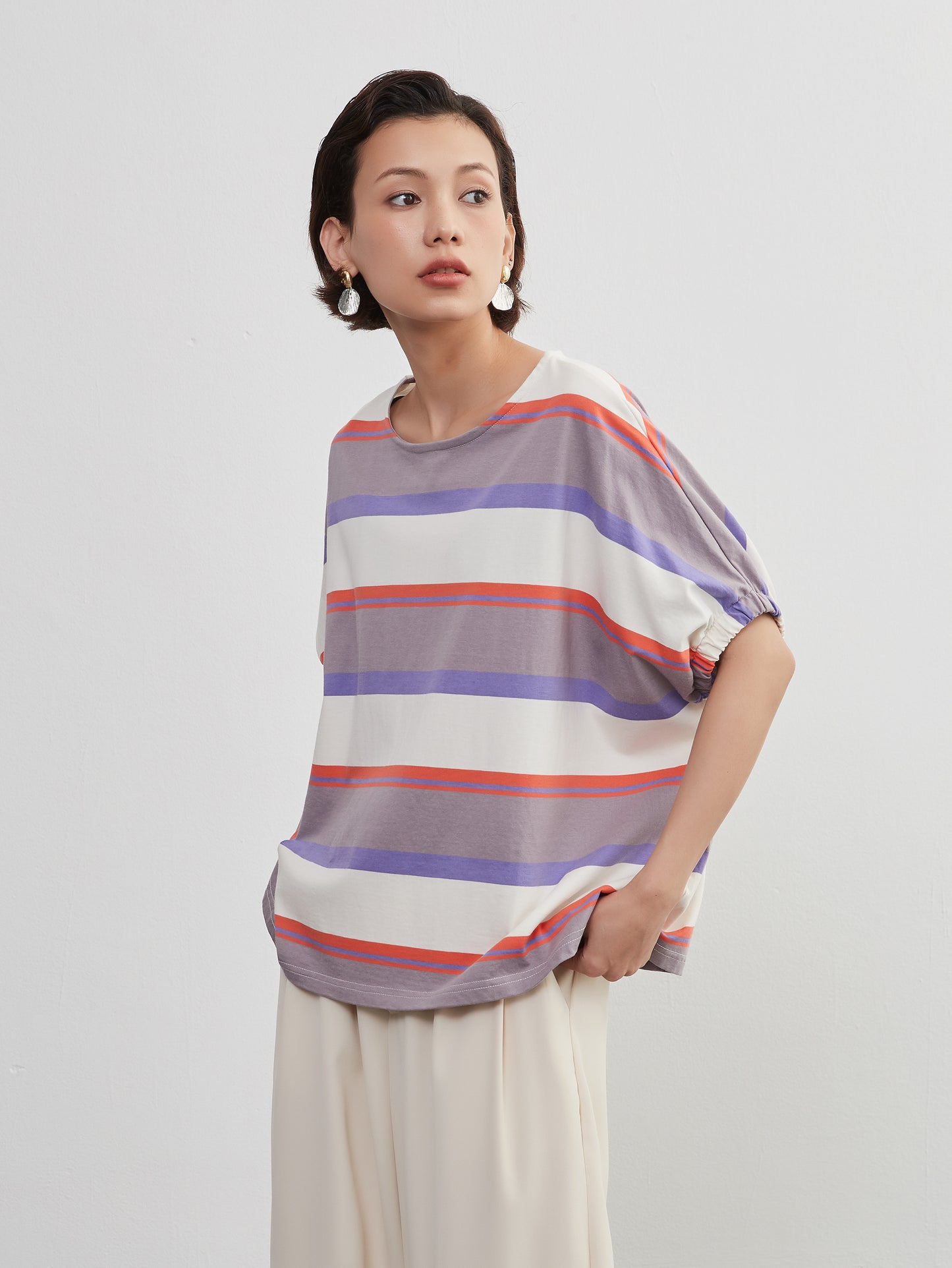 KNXT401-半袖・ボーダーTシャツ・綿100・ドルマンスリーブ・トップス・プルオーバー