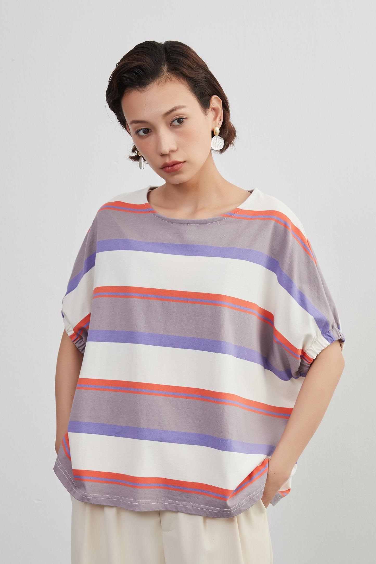 KNXT401-半袖・ボーダーTシャツ・綿100・ドルマンスリーブ・トップス・プルオーバー