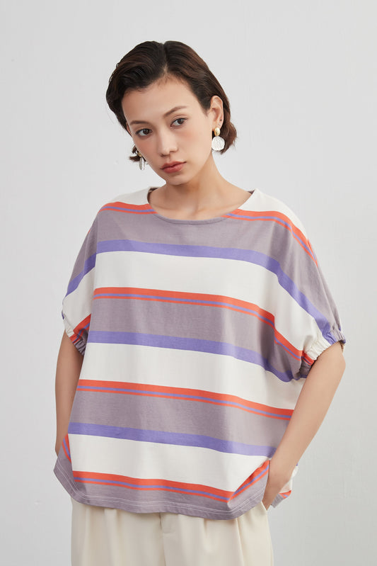 KNXT401 - Short sleeve, striped T-shirt, 100% cotton, dolman sleeve, top, pullover