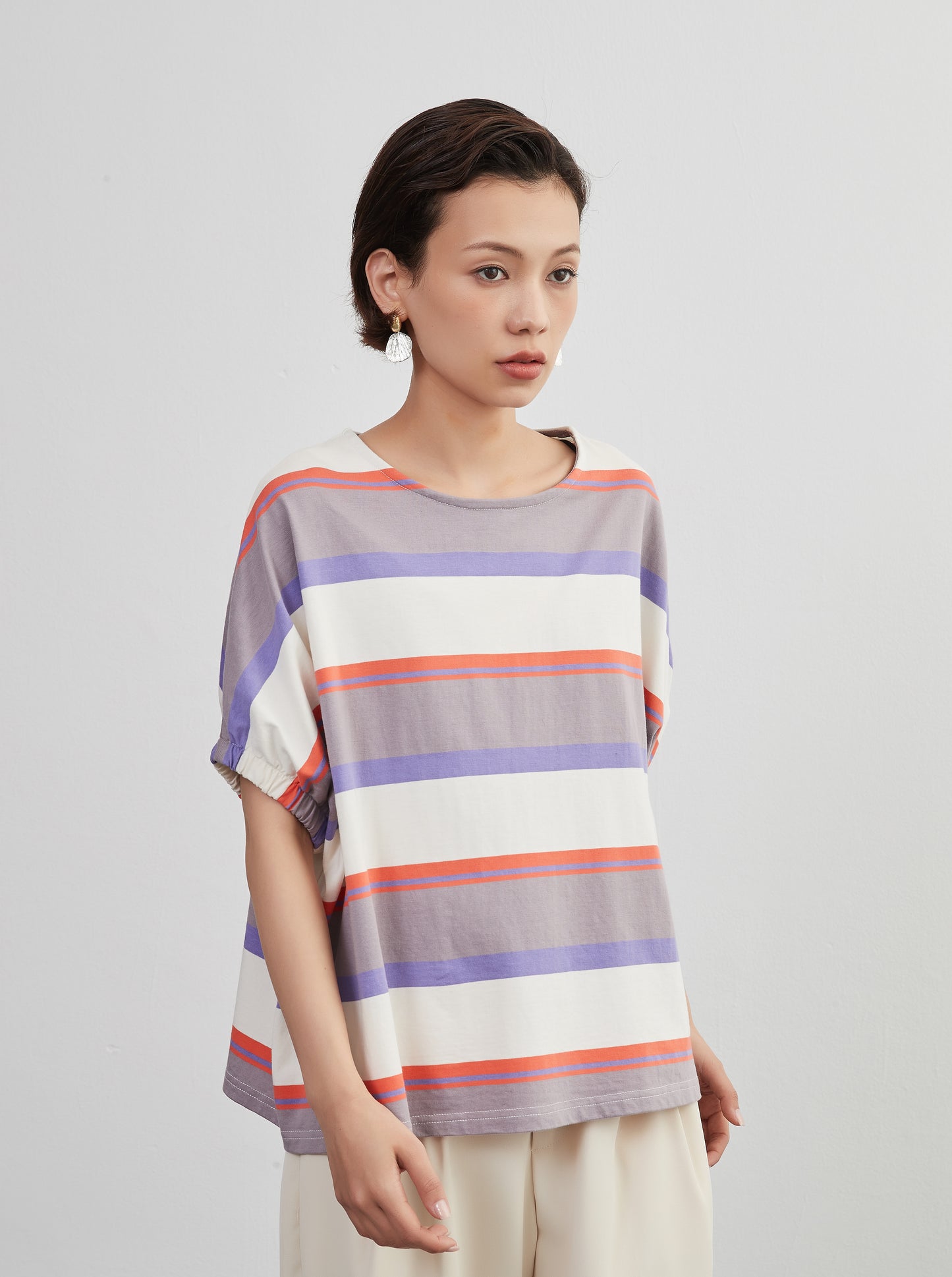 KNXT401-半袖・ボーダーTシャツ・綿100・ドルマンスリーブ・トップス・プルオーバー