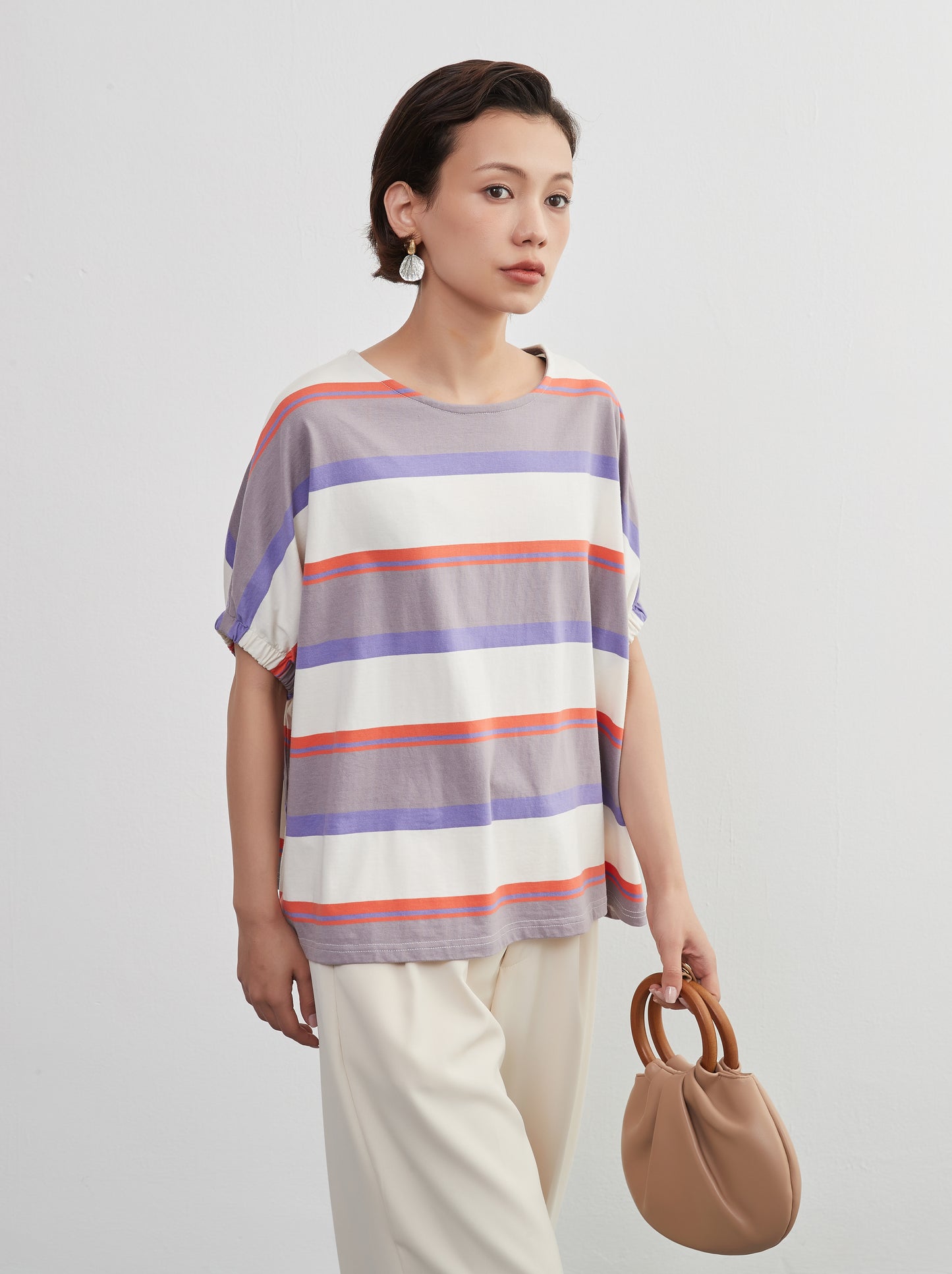 KNXT401-半袖・ボーダーTシャツ・綿100・ドルマンスリーブ・トップス・プルオーバー