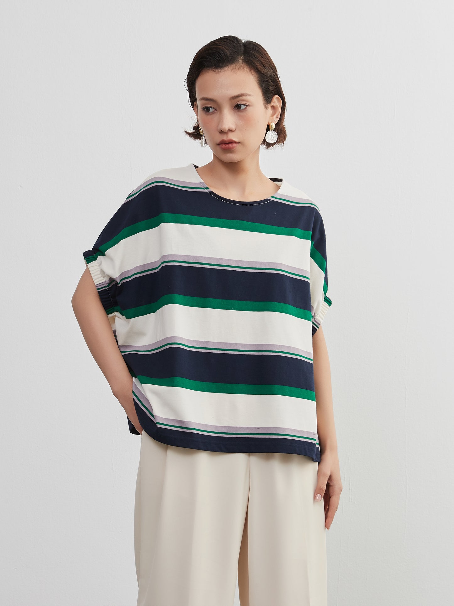 KNXT401-半袖・ボーダーTシャツ・綿100・ドルマンスリーブ・トップス・プルオーバー